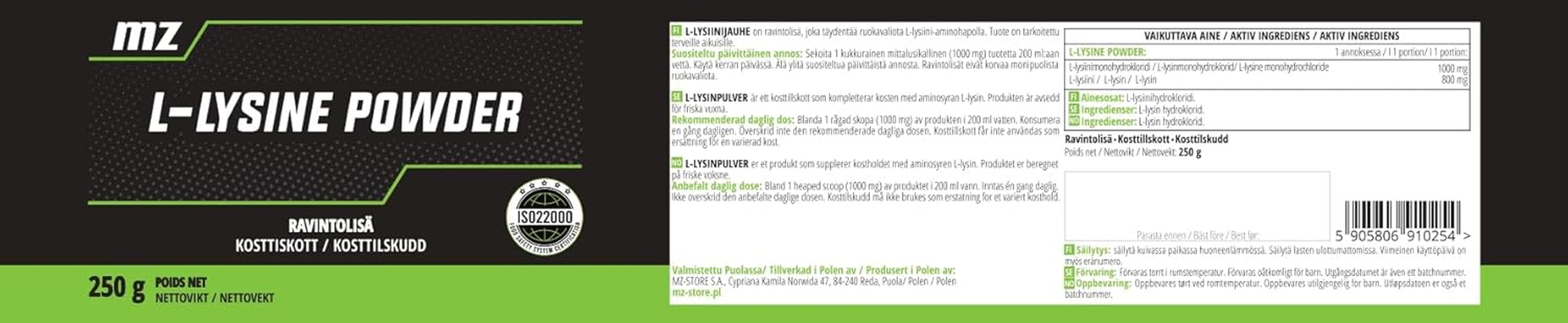 L-Lysine Powder 250G - Pure L-Lysine HCI 1000 Mg per Serving - 250 Servings per Pack - Amino Acid Supplement - Vegan and without Additives - by MZ image number 4