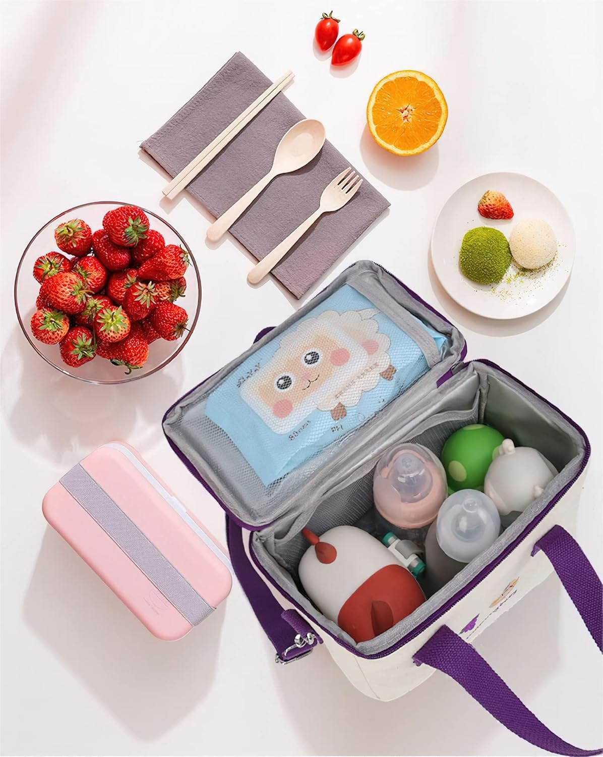 Laureltree Aesthetic Kawaii Cute Lunch Bag Box with Straps Insulated Waterproof Durable for Women Girls Kids Office School (Purple) - Pink image number 2