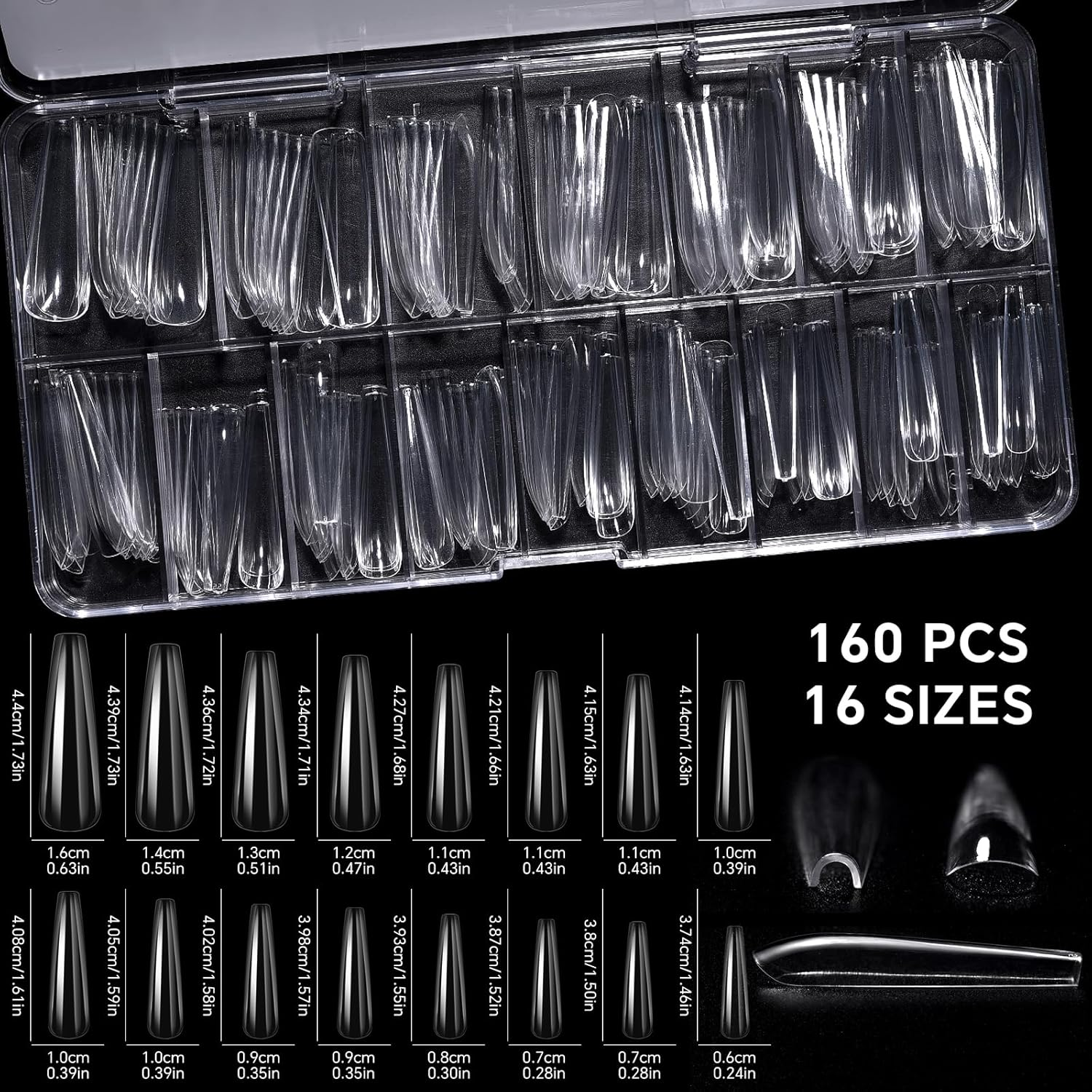 KADS 160Pcs Deep C Curve 16 Sizes Full Cover Nail Tips Clear Pre-Built False Nail Extension Thick Sculpted Acrylic Nail Tip for Flat Nails Deep Curve, Coffin - Almond image number 5