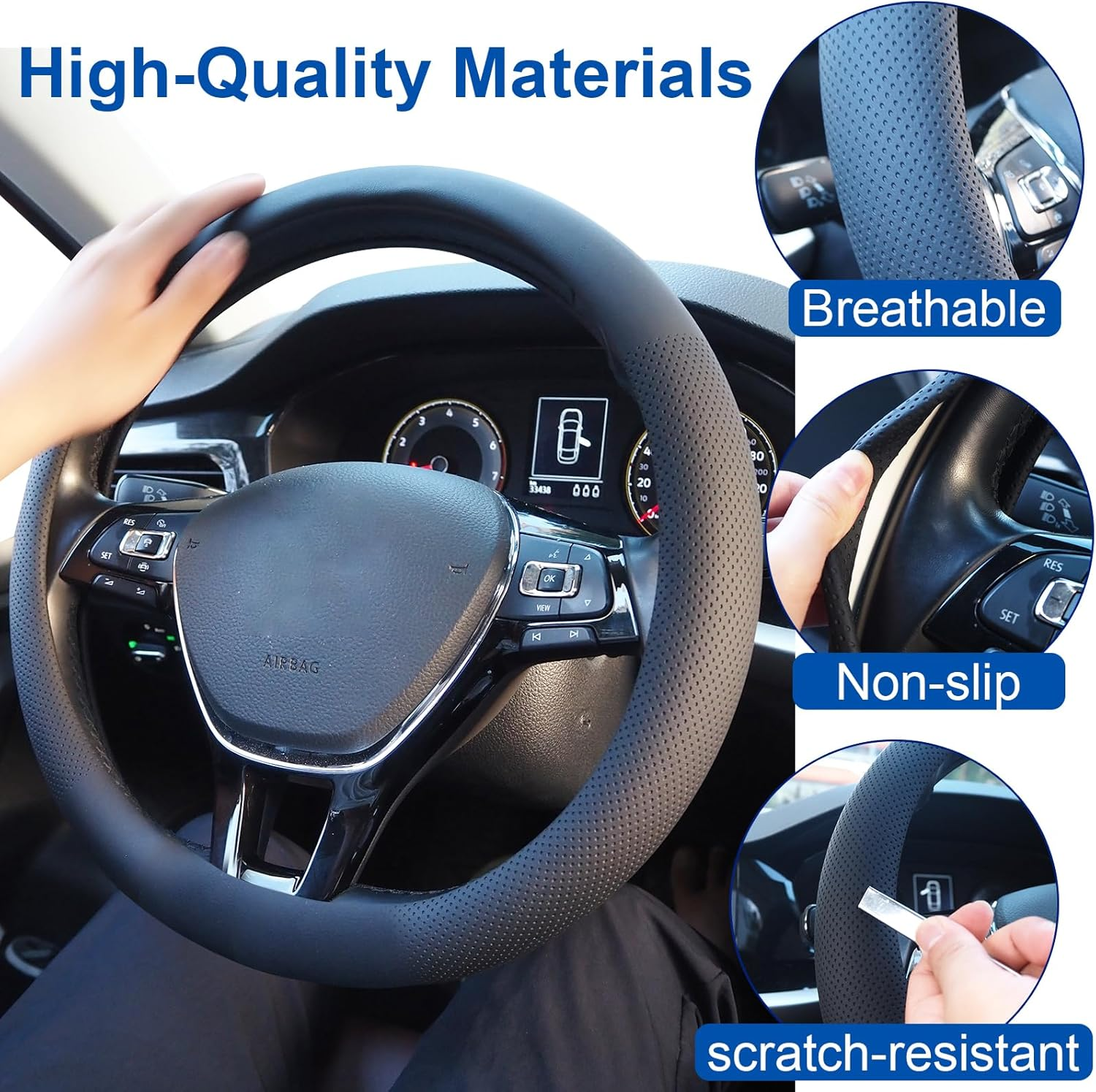 Nappa Leather Car Steering Wheel Cover for 14-15 Inches, Anti-Slip Soft Leather Steering Wheel Cover Full Surround, Universal Breathable O-Shaped, D-Shaped Steering Wheel Protector (Black-O Shaped) image number 6
