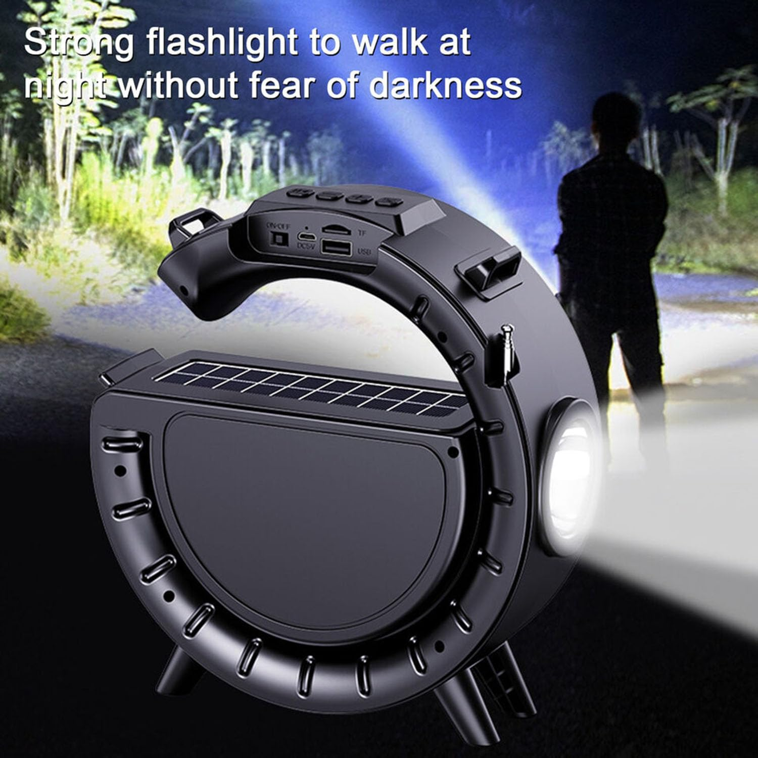 Solar Speaker with Atmosphere Lamp,Portable FM Radio and Flashlight,1200Mah Rechargeable Battery,Outdoor Bluetooth Music Player Wireless Card Insertion Sound System for Bedroom, Party, Living Room image number 1