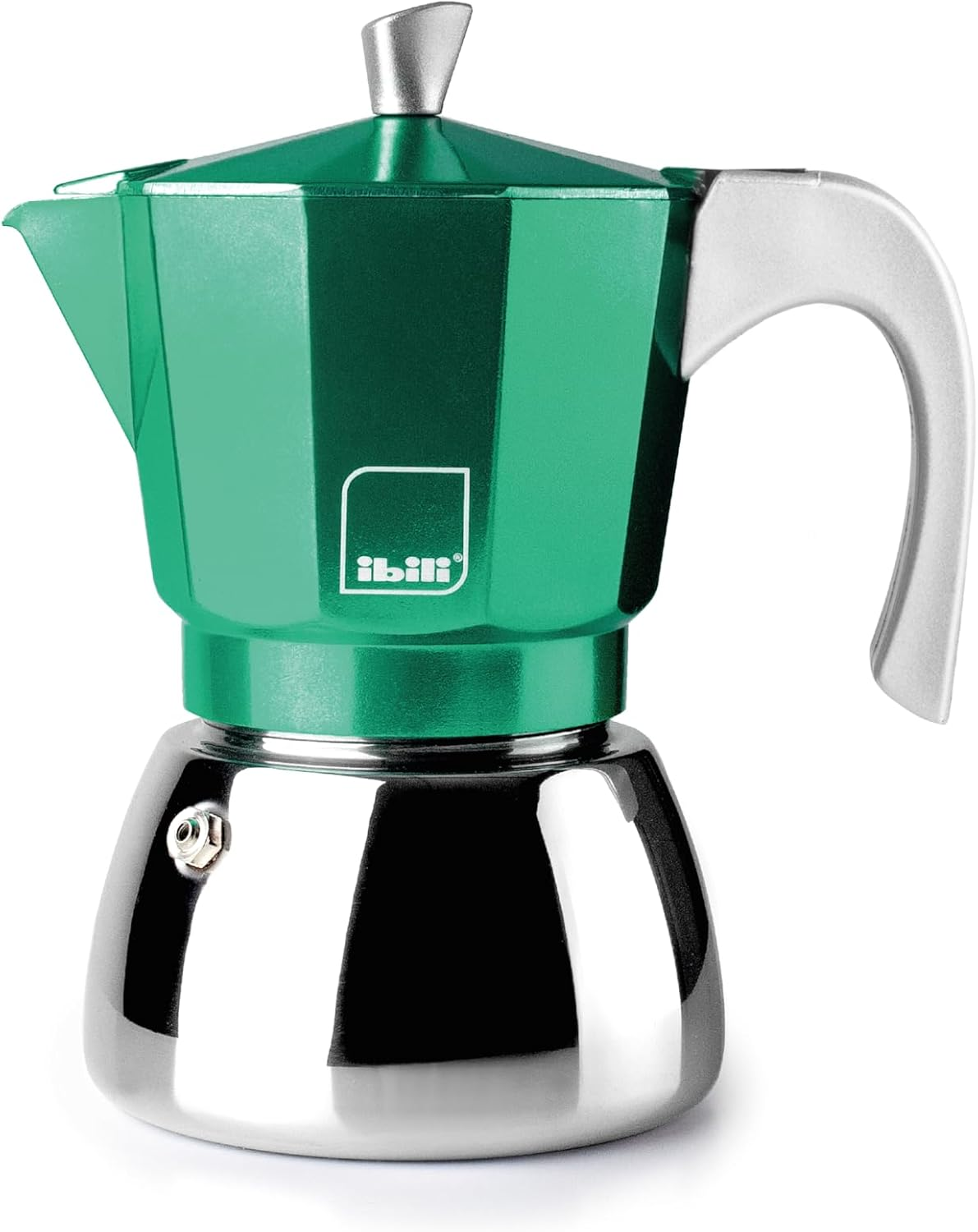 IBILI - Elba Green Espresso Machine, 3 Cups, 150 Ml, Cast Aluminium, Stainless Steel Base, with Reducer for 2 Cups, Suitable for Induction