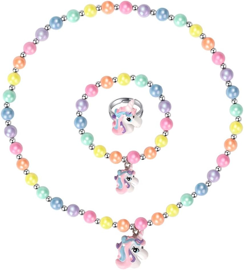 Unicorn Stretch Necklace Little Girl Toddler Necklace Bracelet Set, Little Princess Jewelry Accessories Favors Bags for Girls (2), Plastic Resin image number 2