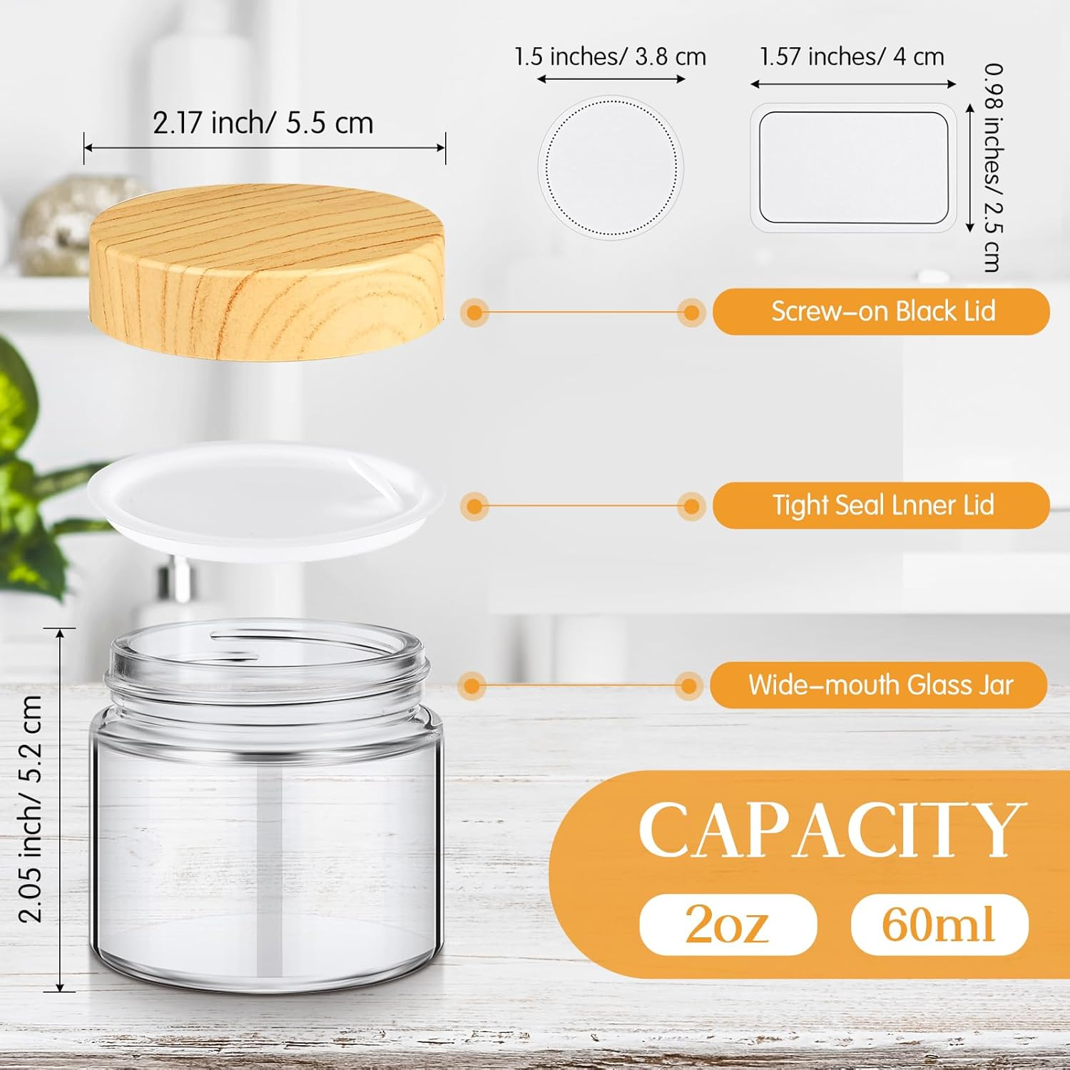 Layhit 64 Pcs 2Oz Glass Jars with Lids Clear Small Jars with Plastic Woodgrain Lids, White Labels and Inner Liners Empty round Cosmetic Containers for Creams Lotions Candle Making(2Oz/ 60Ml)