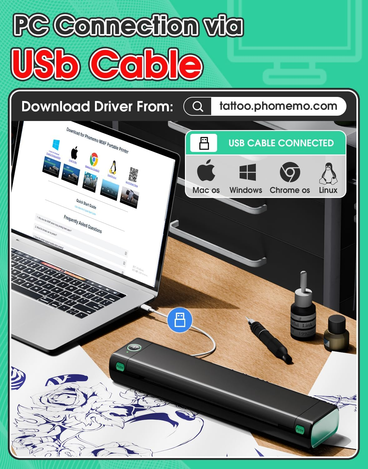 Phomemo M08F Wireless Tattoo Transfer Stencil Printer, Thermal Tattoo Machine with 10Pcs Free Transfer Paper, Tattoo Printer Set for Tattoo Artists & Beginners, Compatible with Smartphone & Pc image number 6