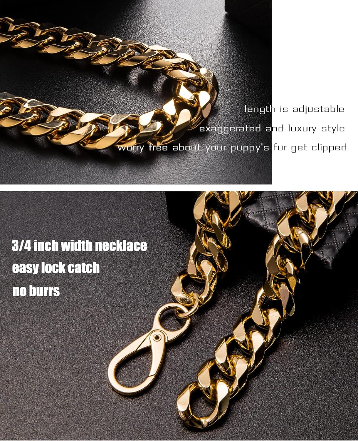 Gold Chain Dog Collar-3/4 Width Cuban Link Dog Necklace, Cute Fashion Pet Collar for Pit Bulldog, Light Metal Jewelry Chain Puppy Accessories 20" image number 3