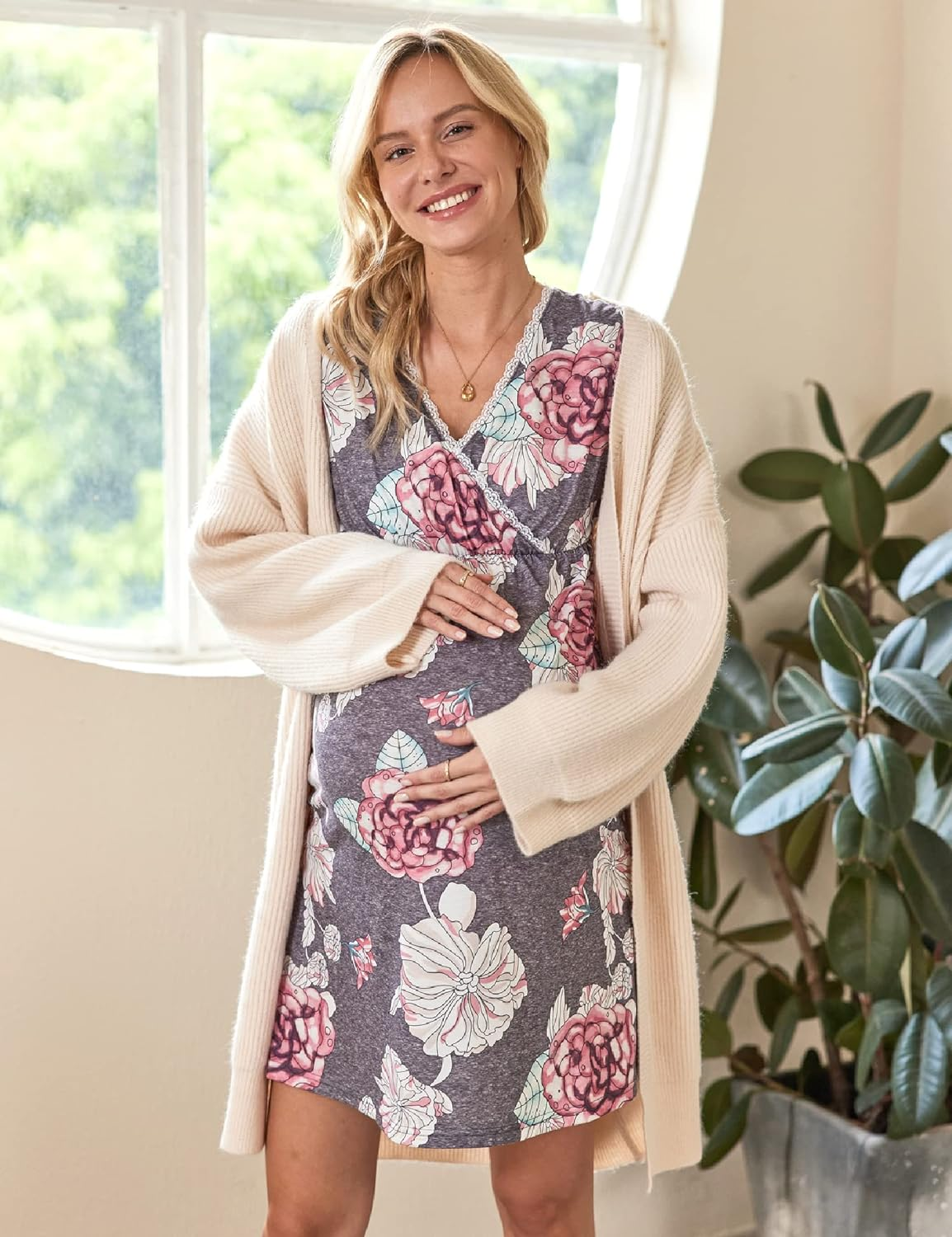 Ekouaer Maternity Nursing Dress Breastfeeding Nightgown Pregnant Pajamas Sleepwear Labor Gown Clothes image number 3