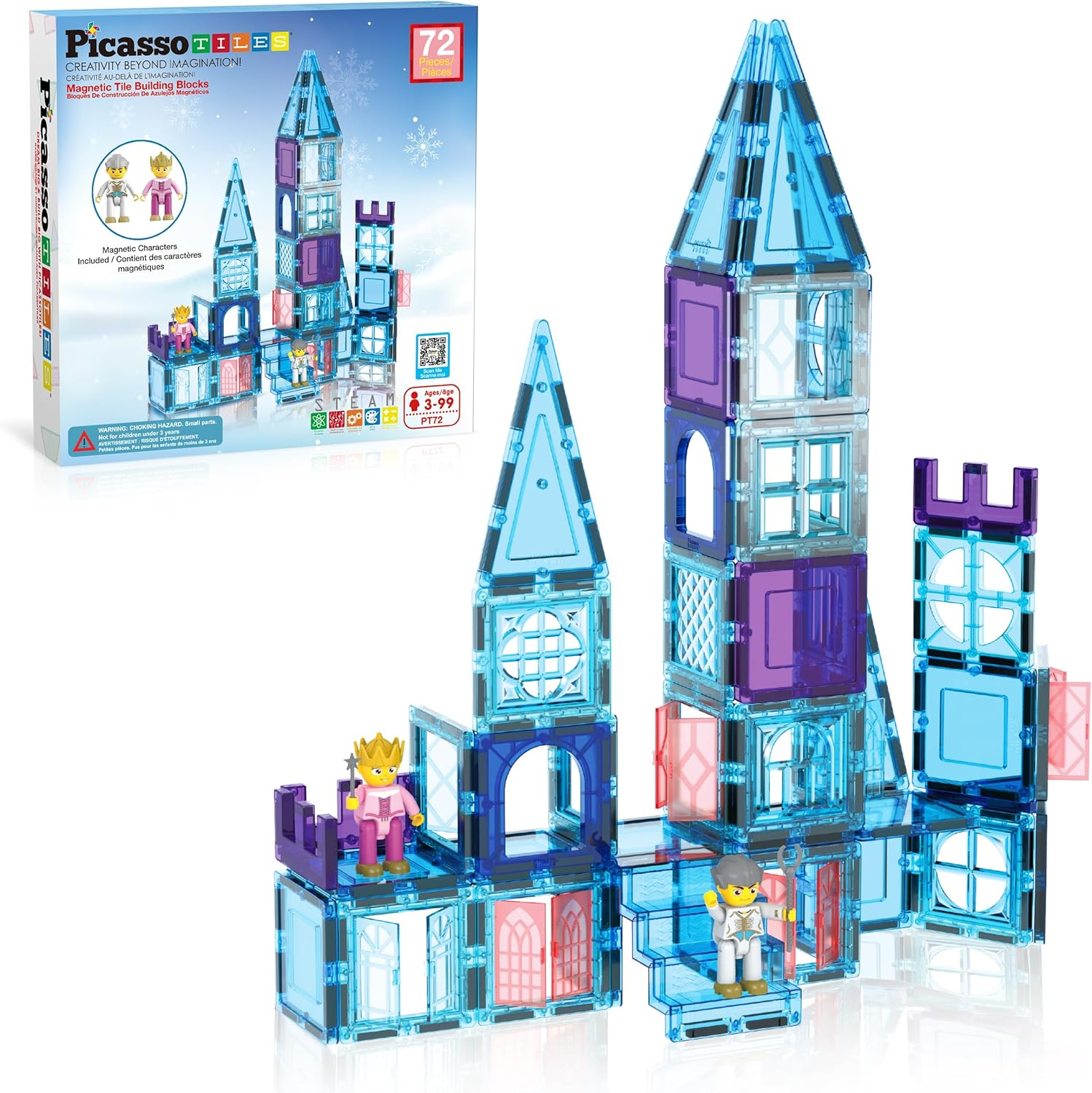 Picasssotiles 72 Piece Magnetic Building Tiles Castle Winter Ice Theme Construction Magnet Block Set with Princess Prince Character Stairs Windows Doors STEM Learning Educational Toy Kids Ages 3+ PT72 image number 1