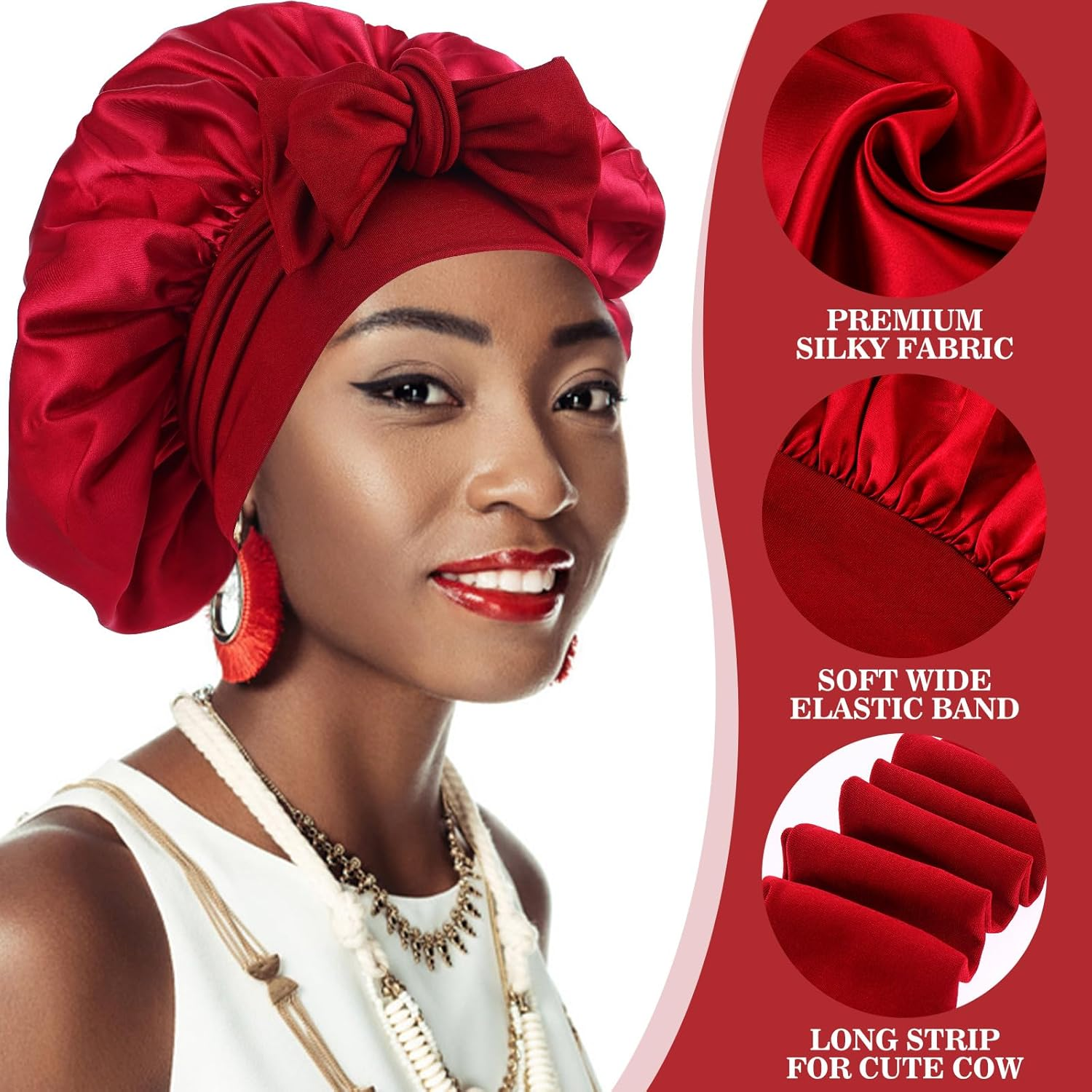 Abeillo Silk Sleep Bonnets for Women, 1PC Adjustable Satin Night Sleeping Cap Soft Elastic Band Silk Bonnets for Sleeping, Hair Bonnet with Tie Band for Curly Hair Braid Women (Wine Red) - Champagne image number 5