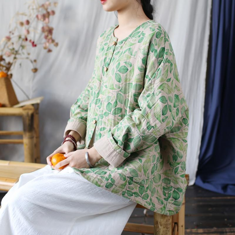 Women'S Vintage Batwing Sleeve Cotton Linen Jacket Retro Ethnic round Neck Spring Tops image number 5