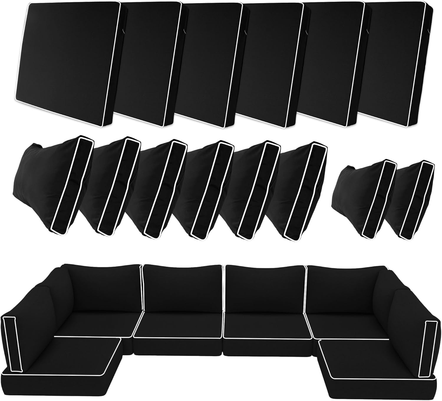 14 Piece Outdoor Patio Cushion Covers Replacement, Waterproof Outdoor Furniture Cushion Covers, Fit 7 Pcs 6 Seater Wicker Rattan Patio Conversation Sofa Set, Black & White Stripes(Only Cover)