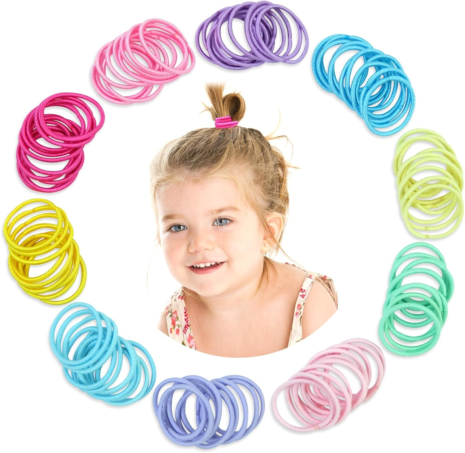 Hanyousheng Pack of 200 Colourful Elastic Hair Bobbles, 2 Mm Multicoloured Hair Bands, Non-Metal, Ponytail Holder, Hair Accessories for Little Girls, Children