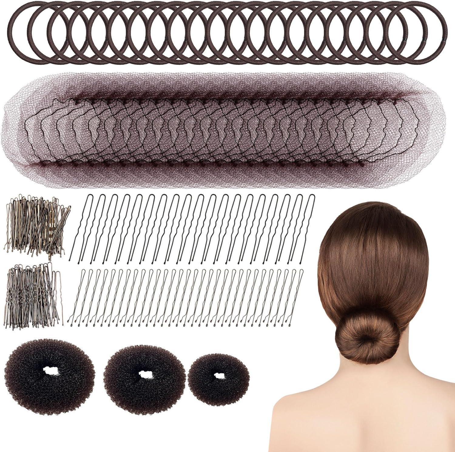 UILYNIU 183 Piece Hair Bun Maker Set, 3 Pieces Doughnut Hair Buns, 60 Pieces Hair Nets Invisible with 100 Pieces Hair Clip Hairpin, 20 Pieces Elastic Hair Bands for Children Girls (Brown) image number 3