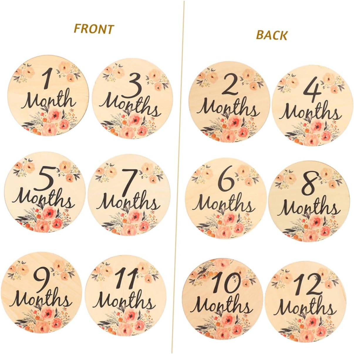 Toddmomy 12 Pcs Wooden Monthly Milestone Cards Double Sided Photo Props for Newborn Growth Tracking Chic Milestone Discs for Room Decor and Memorable Moments image number 4