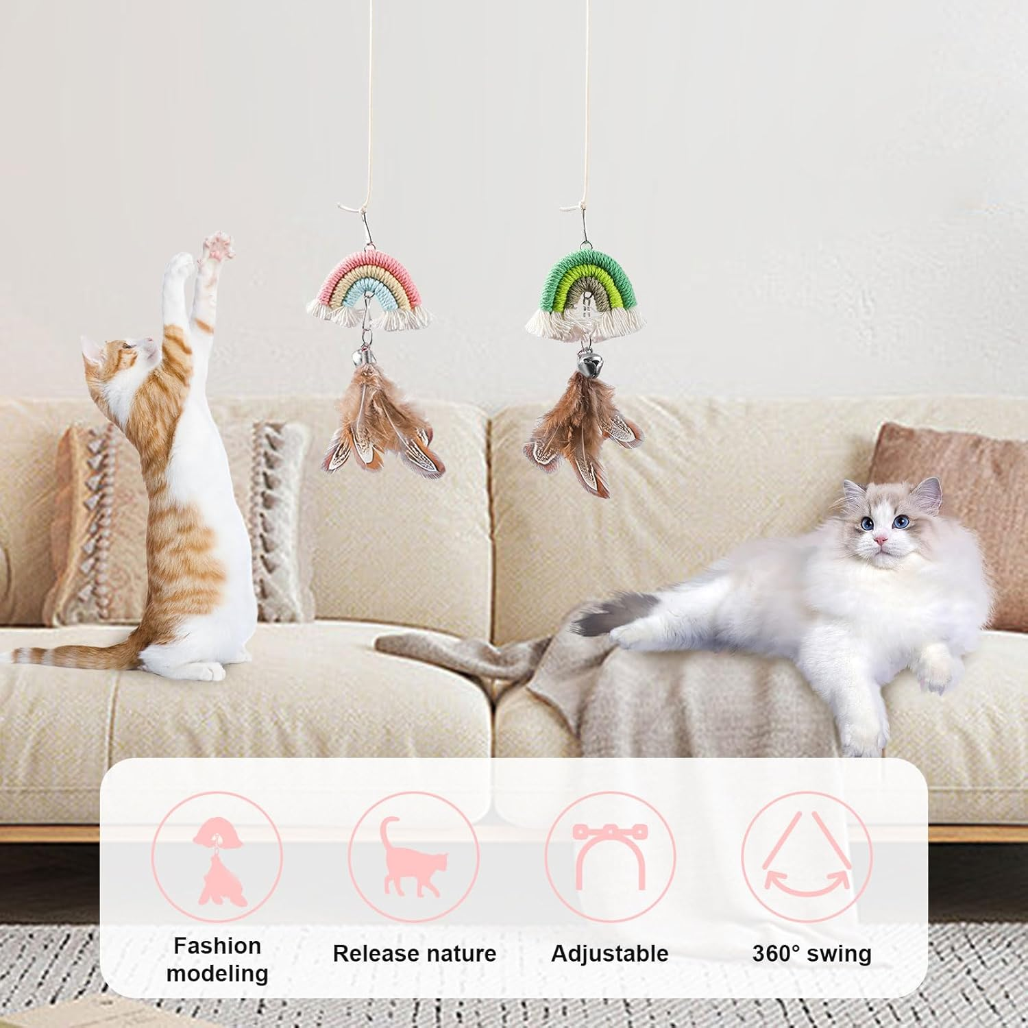 Luckyopt Interactive Cat Toy, Plush Cat Toy with Feather and Colourful Ornament Rainbow, 0.78 Inch Feather Toy for Cat Game and Killing Time (Green) image number 3