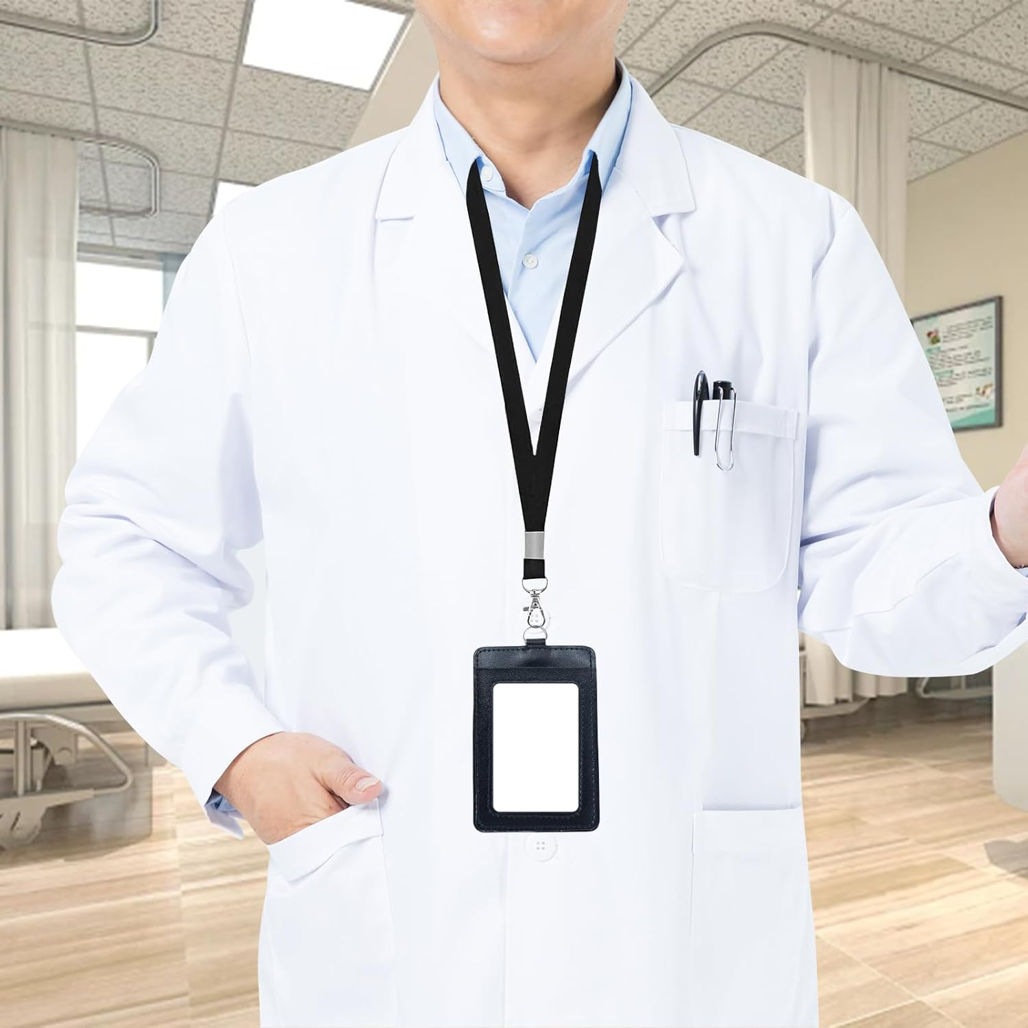 ZGWANSUI 2 Pack Vertical PU Leather ID Badge Card Holder with Lanyard & 2 Card Slot, Clear Window Name Badge Holder Case for Access Card, Business Credit Card, School Work ID, Name Tags (Orange) image number 1