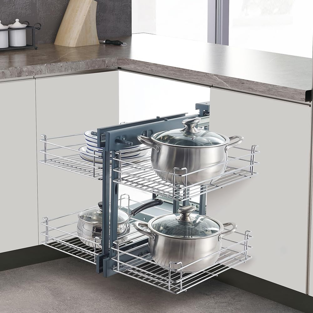 Blind Corner Cabinet for 31.5" Cabinet, Slide Out Kitchen Cabinet Shelf Pull Out Kitchen Pantry Corner Organizer Soft Close 2 Tier Pull Out Basket Bottom Mount image number 2