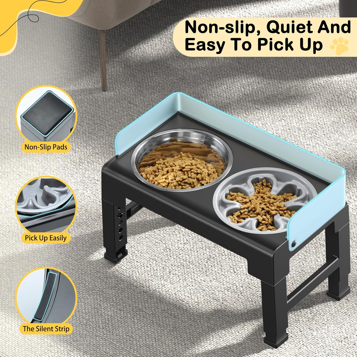 Euqvunn Elevated Dog Bowls with Stand, 6-Level Height Adjustable, 5&deg; Tilt, Splash Guard Design, Raised Dog Bowl with Two 1000Ml Stainless Steel & Slow Feeder Dog Bowl,For Small,Medium & Large Pets image number 6