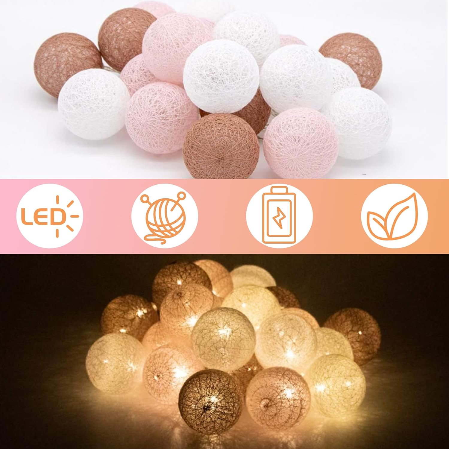 LED Fairy Lights Cotton Balls, 1.5 M 10 LED Fairy Lights, Indoor Balls, 3 Cm Fairy Lights for Children'S Room, Cotton Balls Fairy Lights for Children'S Room, Wedding, Christmas, Party Decoration image number 3