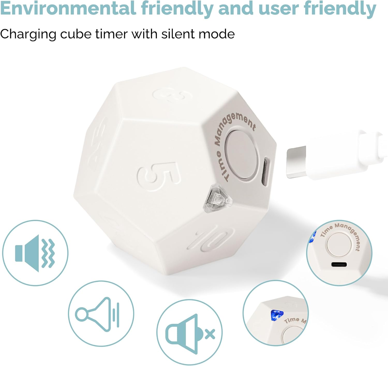 KADAMS Pomodoro Rotating Desk Productivity Timer - 11 Preset Countdown Rechargeable Dodecagon - Sound Vibrate Mute Flip for Kids, Kitchen, Cooking, Workout, Exercise, Study, ADHD - White image number 6