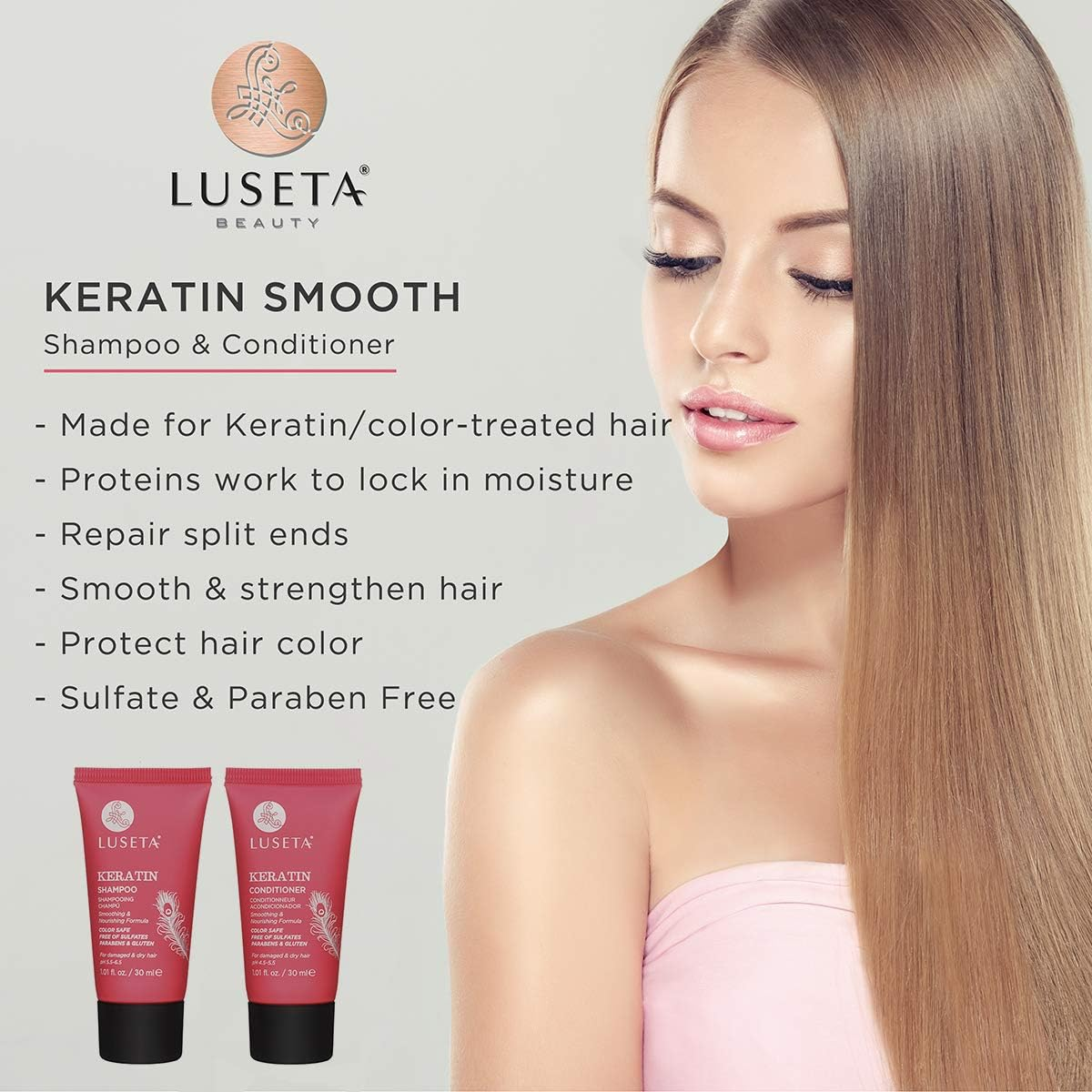 Luseta Keratin Shampoo and Conditioner Smooth and Hydrate Dry Damaged Hair Great for Color Treated Hair Sulfate Free and Gluten Free1.01 Fl Oz&times;2 image number 6