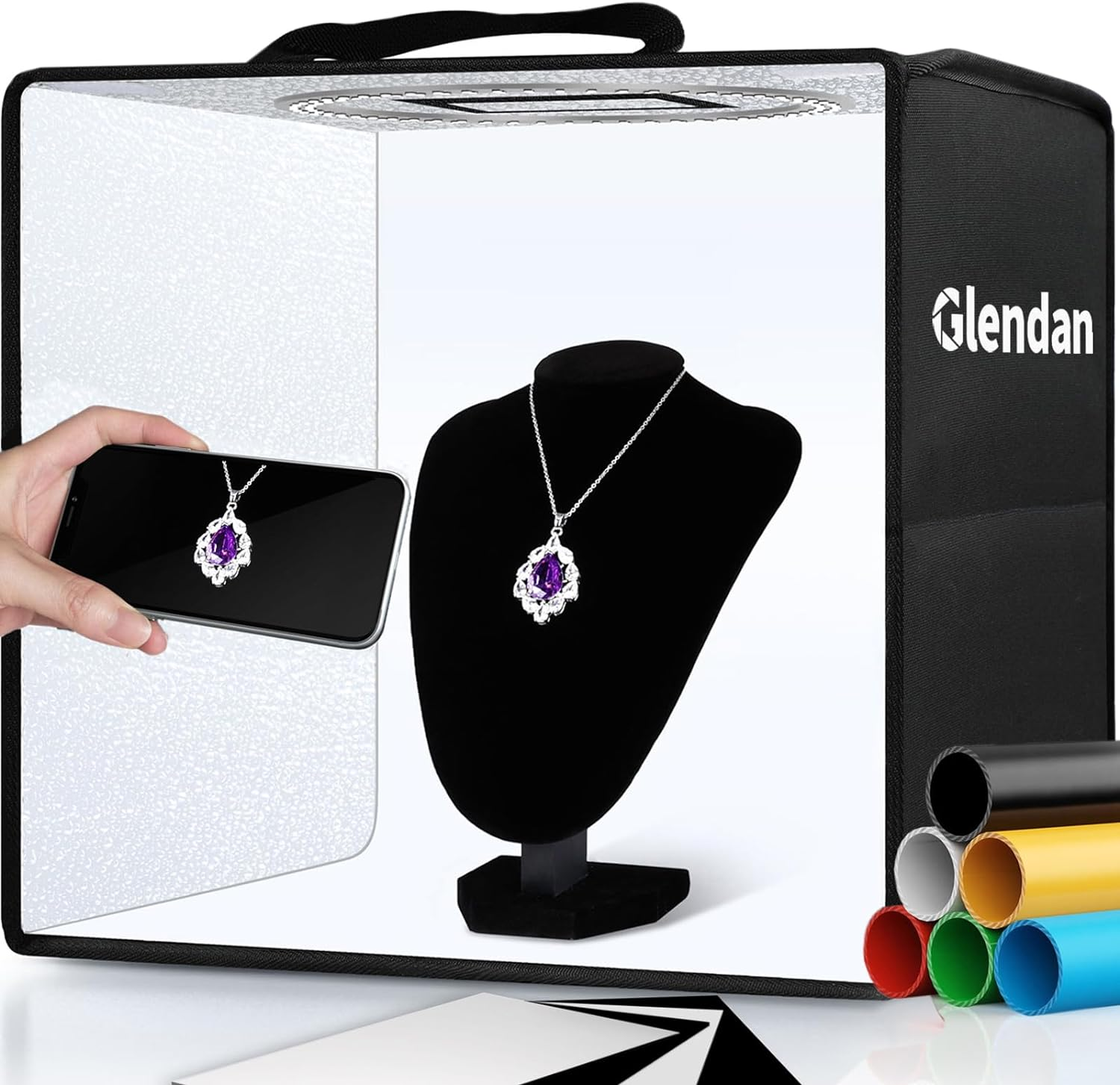 Glendan Portable Photo Studio Light Box,12"X12" Professional Dimmable Shooting Tent Kit with 112 LED Lights & 6 Backdrops for Jewelry and Small Items Product Photography image number 2