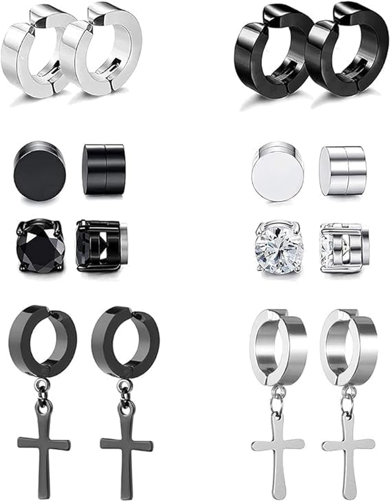 8 Pairs Non-Piercing Earrings Stainless Steel Magnetic Stud Earrings Cross Dangle Hoop Earrings Clip on Earring Set CZ Inlaid for Men Women Fake Gauges Earrings Black Silver image number 2