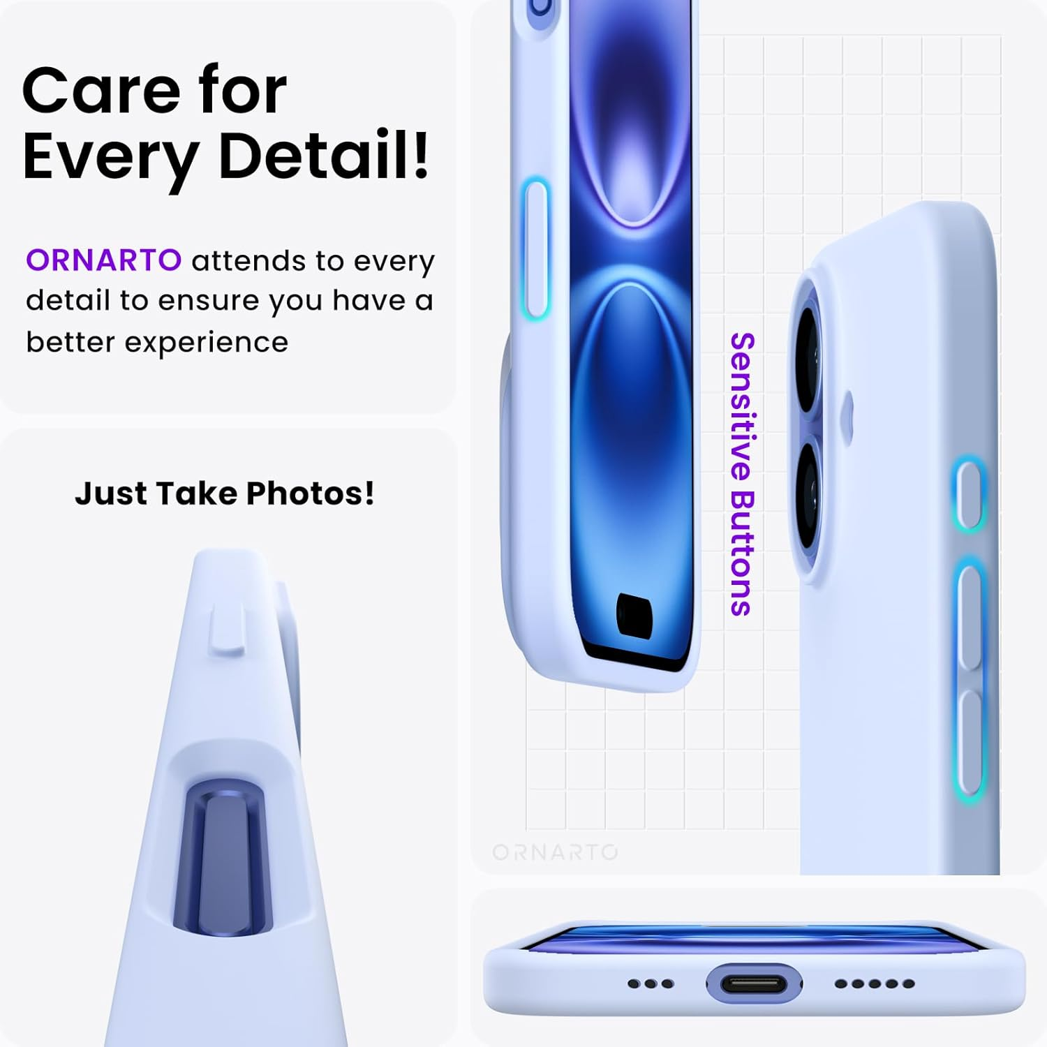 ORNARTO Compatible with Iphone 16 Case 6.1", Slim Liquid Silicone 3 Layers Full Covered Soft Gel Rubber Shockproof Phone Case, Protective Cover with Anti-Scratch Microfiber Lining-Baby Blue - Buttercream Yellow image number 5