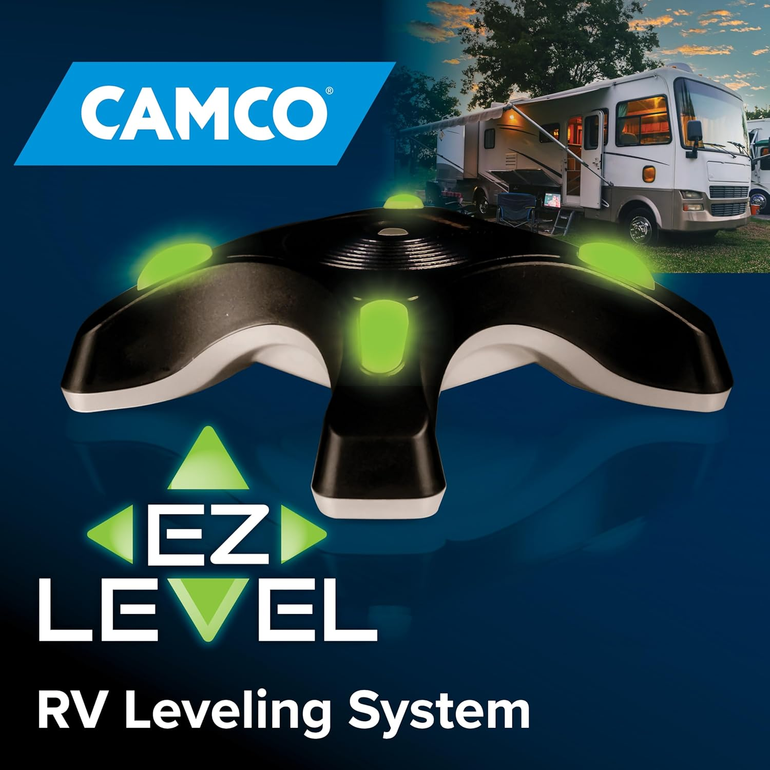 Camco Camper EZ Level - Hassle Free RV Leveling System - Features Illuminated Indicator Lights & Automatic Shut-Off Function When Not In-Use - Includes Pre-Installed On/Off Switch (25505)