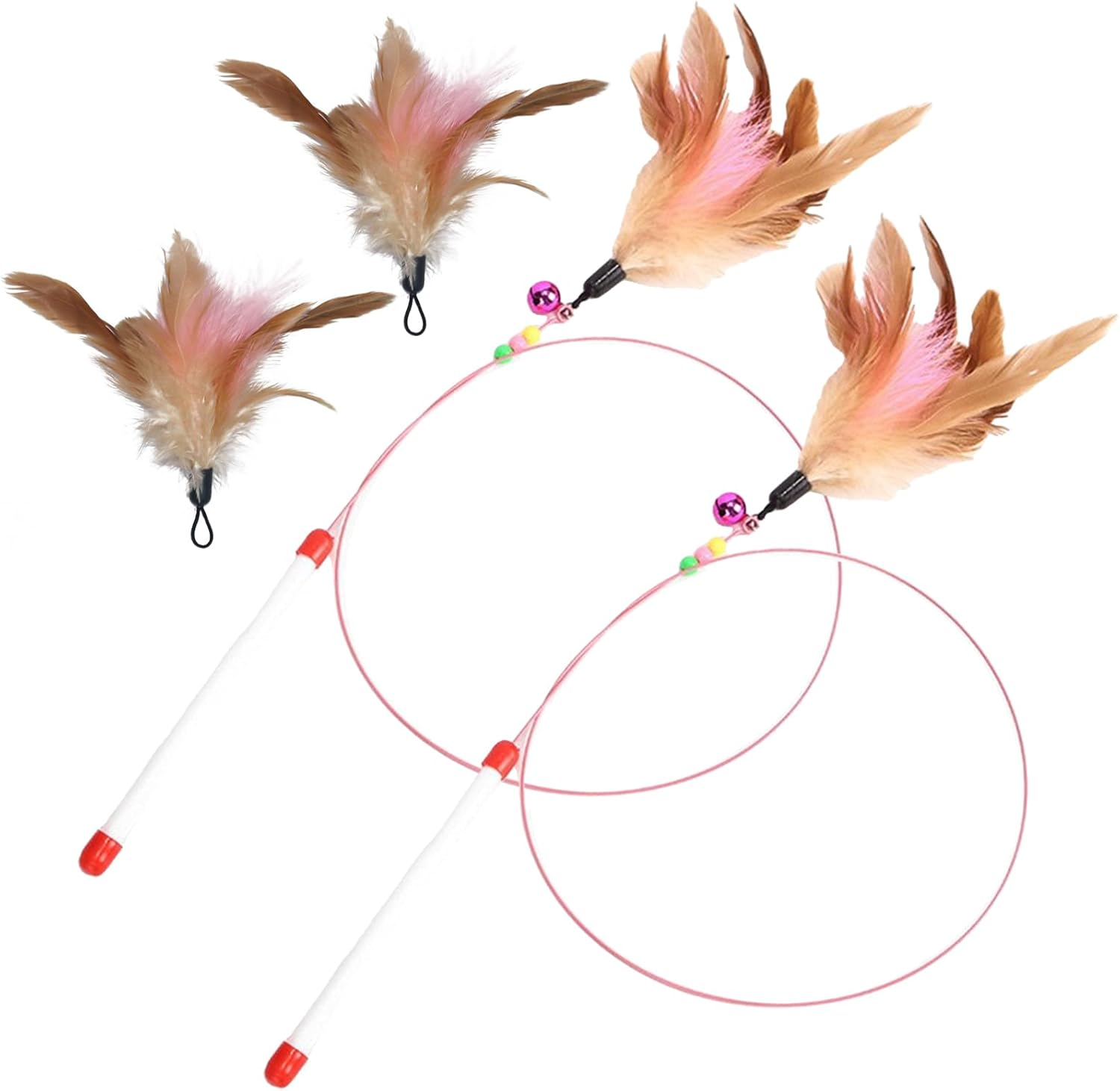 RANYAKE 2Pcs Feather Teaser Cat Toy, Cat Feather Toys, Interactive Cat Catcher and Exerciser Wand, Cat Teasing Sticks with Bells and Feathers, Comes with a Replaceable Feather Toy, Cat Accessories