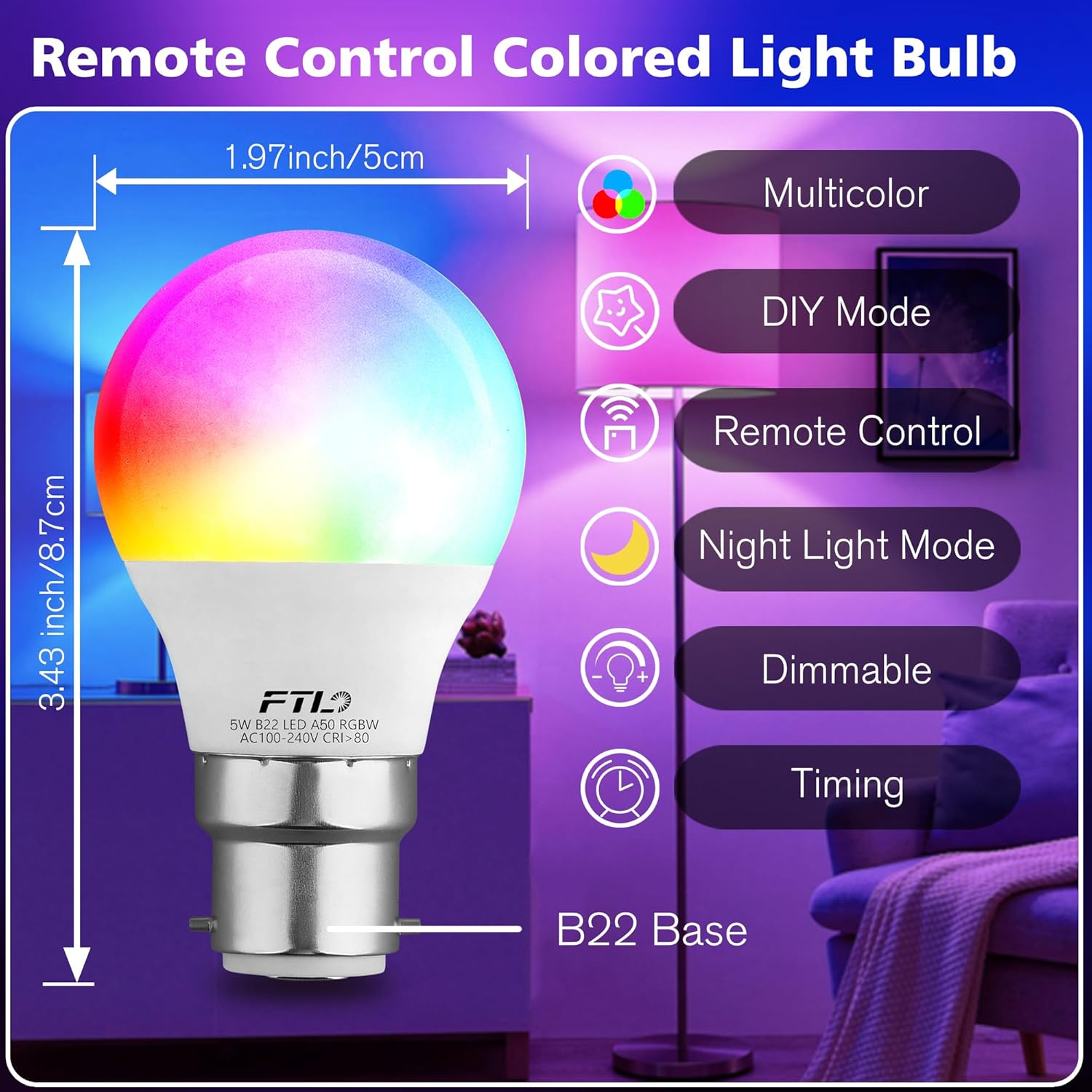 FTL RGB Colour Changing LED Bulb with Remote Control, B22 Bayonet Light Bulb 5W 40W Equivalent Dimmable, A50 Multicolour Light Bulb for Home Decoration Party Mood Lighting 6-Pack image number 6