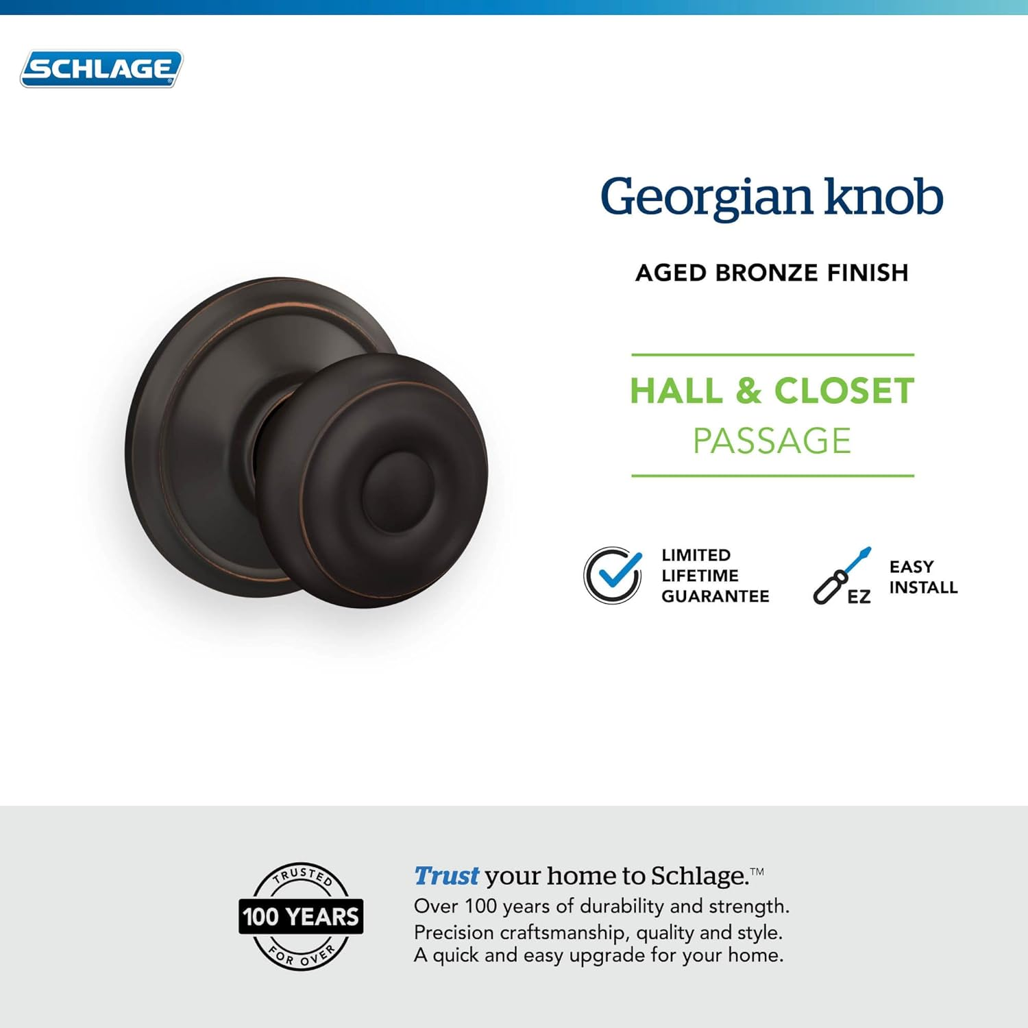 Schlage F10GEO716 Georgian Passage Knob, Aged Bronze image number 1