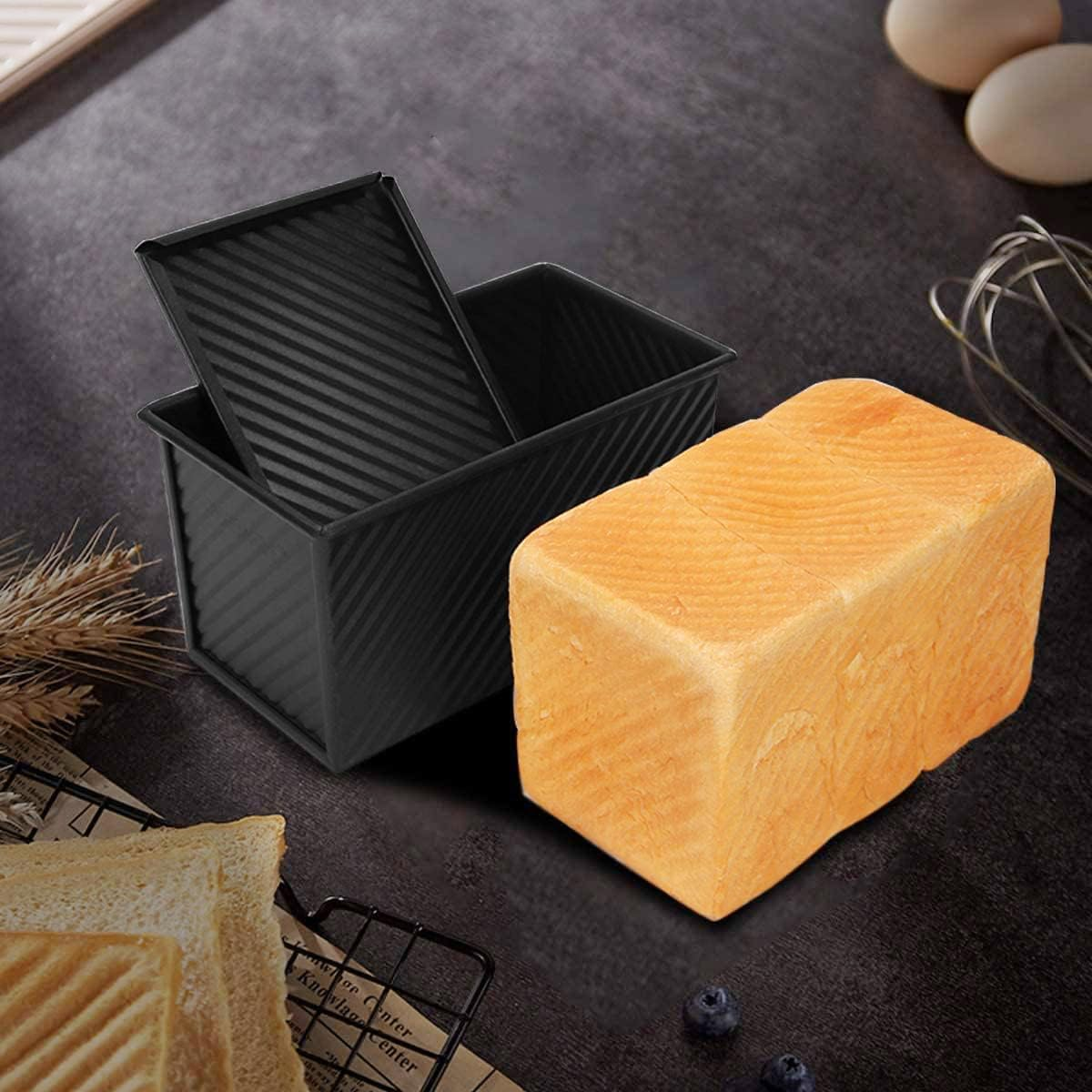 Pullman Loaf Pan with Lid, 1 Lb Non-Stick Toast Box with Cover, Carbon Steel Corrugated Bread Pan for Oven Baking, Black (8.3X4.3) image number 2