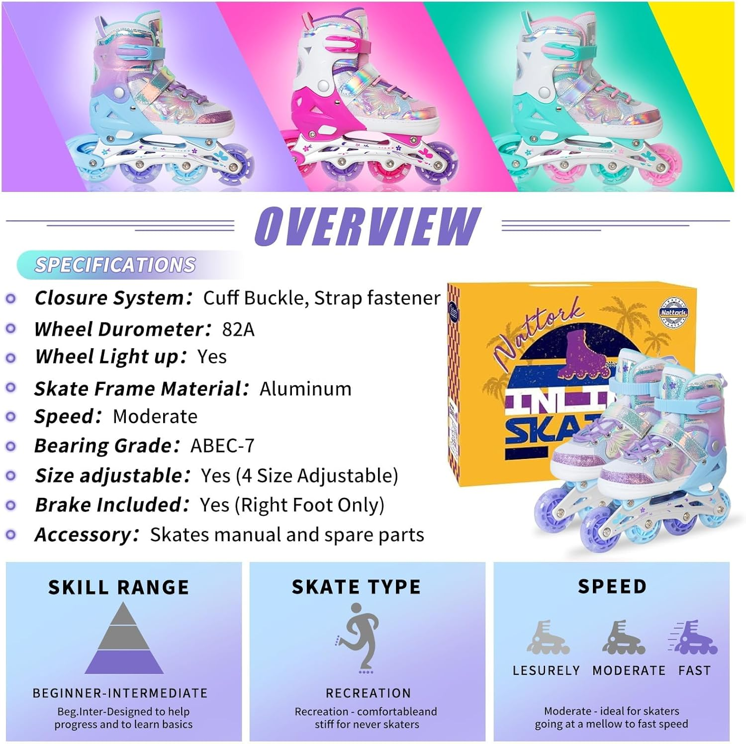 Nattork Kids Inline Skates Butterfly and Flower for Boys Girls Kids, 4 Sizes Adjustable Quad Skates with All Light up Wheels Indoor Outdoor Sports image number 6