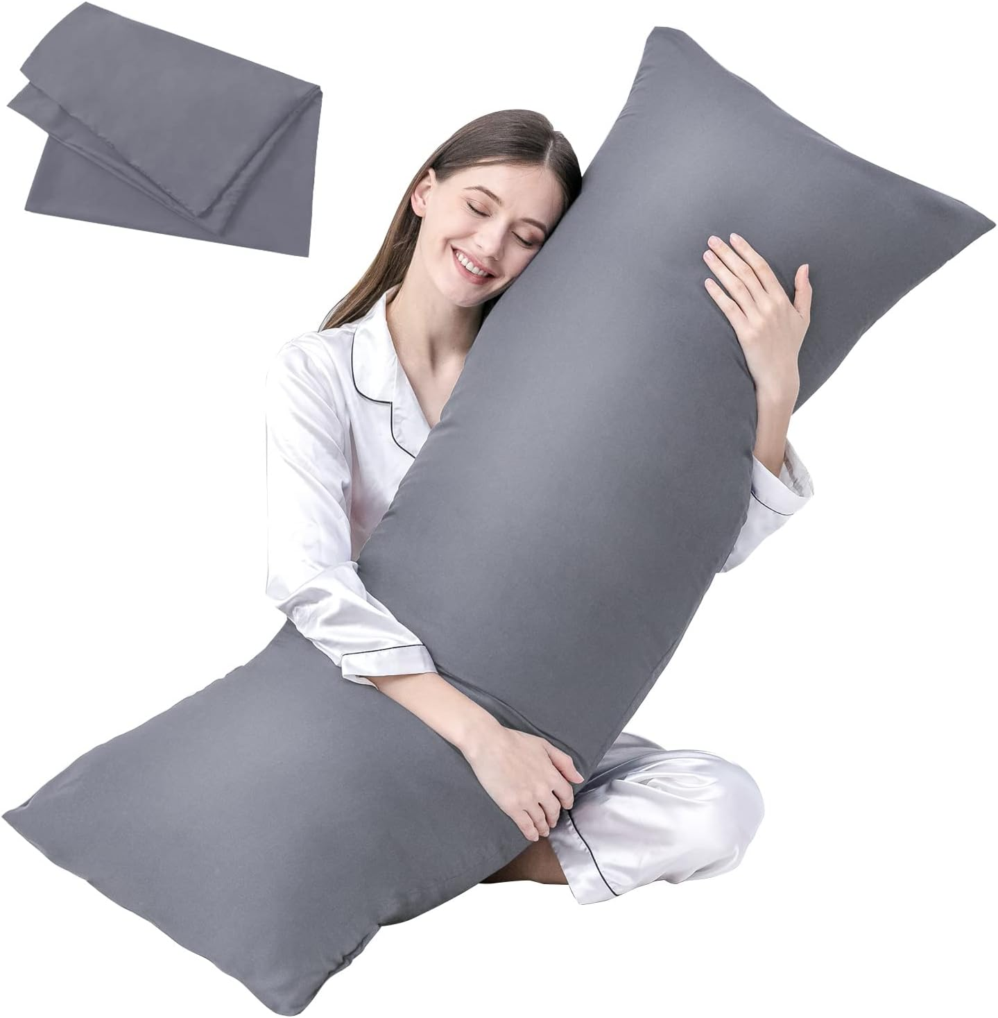 DOWNCOOL Luxury Full Body Pillow Insert with Fiber Cover - Ultra Soft Body Pillow for Sleeping - Breathable Long Bed Pillow Insert, 20"X54"(Grey, with Cover) image number 3