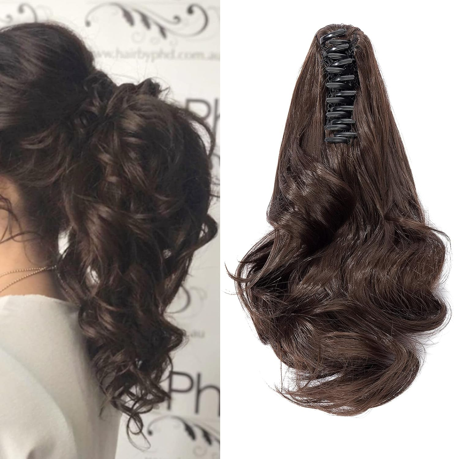 Cybelleza Clip-In Ponytail Extensions Braid Hairpiece Claw Ponytail Hair Extensions like Real Hair Wavy Curly Synthetic Hair Long Hair Heat Resistant Dark Brown