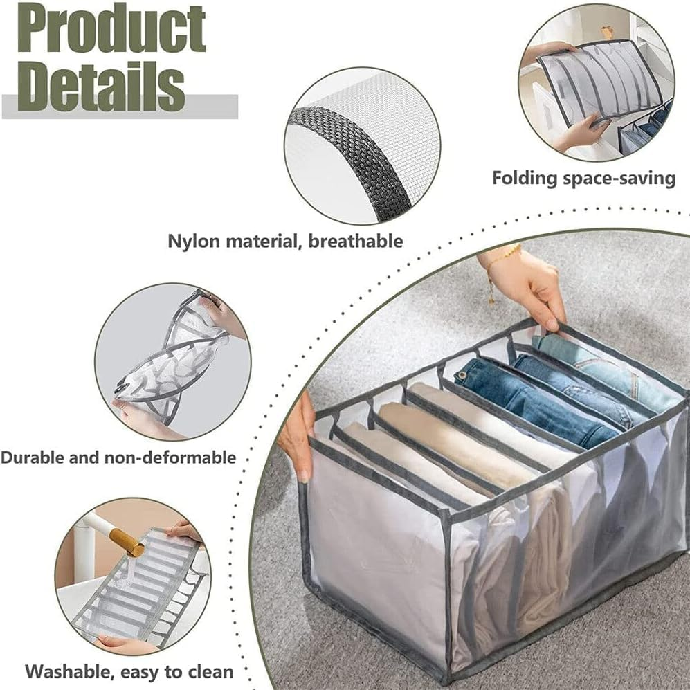 LEDON Wardrobe Clothes Organiser 7 Grids, White/Grey Foldable Clothes Storage Box for Home Storage & Organisation, Clothing & Closet Storage for Clothes, Jeans, Pants (Grey L 5PCS) - Grey L 1Pc image number 7