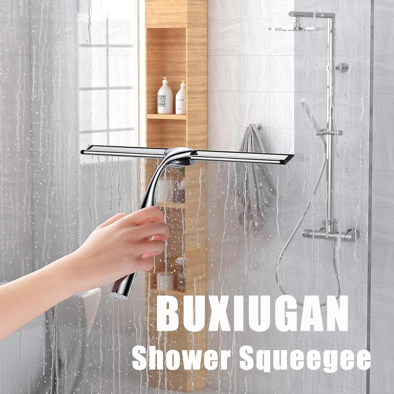 Shower Squeegee, Bathroom Window Squeegee, All Purpose Silicone Blade Window Wiper Tool Raclette Douche for Doors Window Car Mirror Glass Ceramic Wall, with Hook (10 Inch, Silver) image number 6