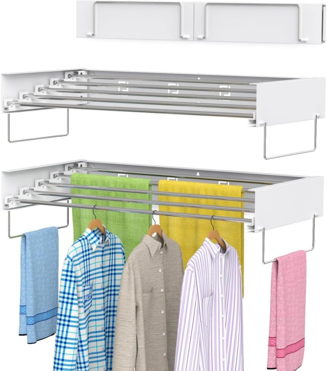 9SHOME 2Pack 80Cm Wall Mounted Clothes Drying Rack Collapsible, for Laundry with Towel Handles, Foldable Indoor and Outdoor Clothes Hanger, Retractable Clothes Drying Rack, 5 Aluminum Rods image number 5
