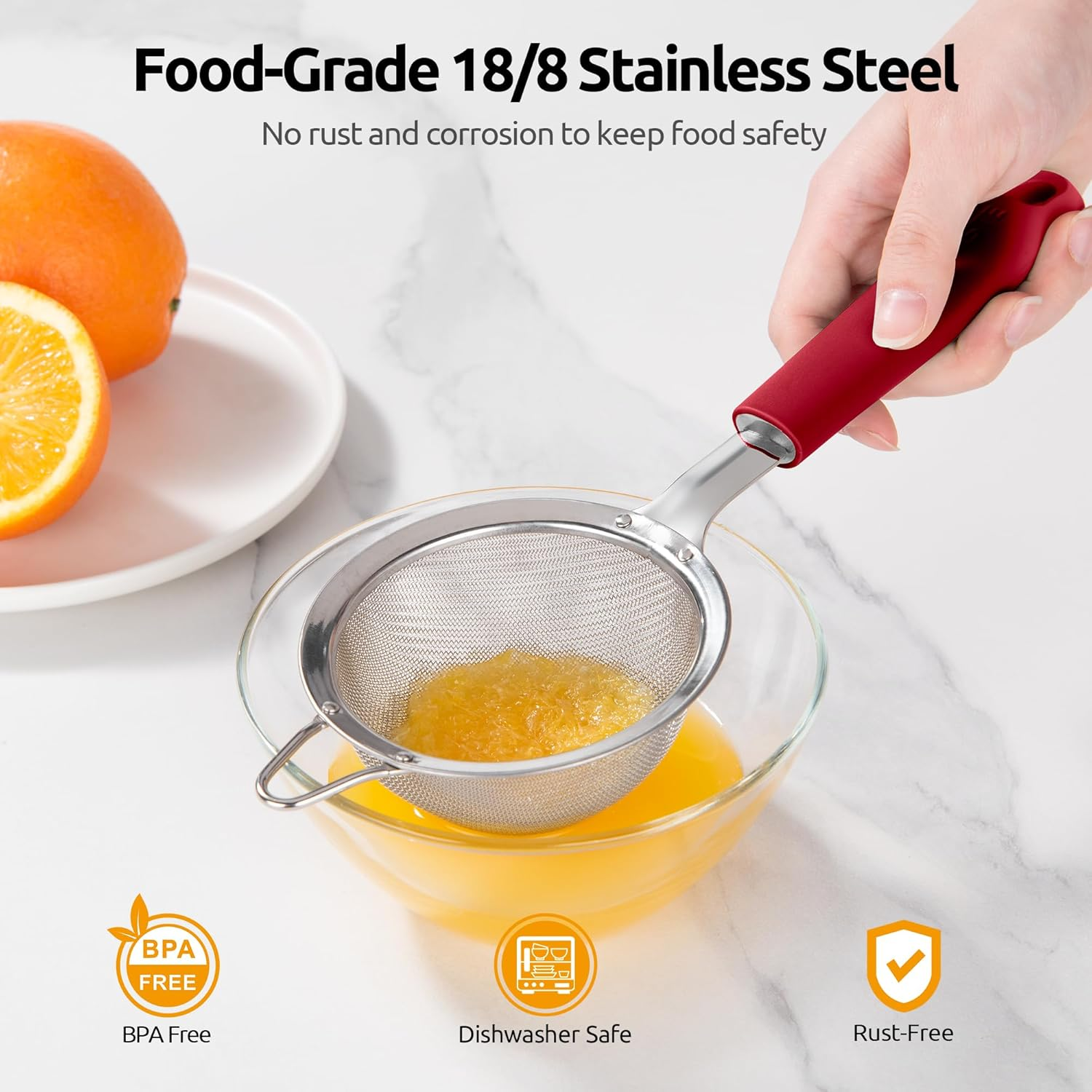 U-Taste 8.5Cm Small Mesh Strainer - 18/8 Stainless Steel Kitchen 30-Mesh Fine Food Sieve with Heavy Duty Riveted Silicone Handle, 5.5Cm Deep Handheld Metal Fruit Colander for Tea, Juice (Red) image number 3