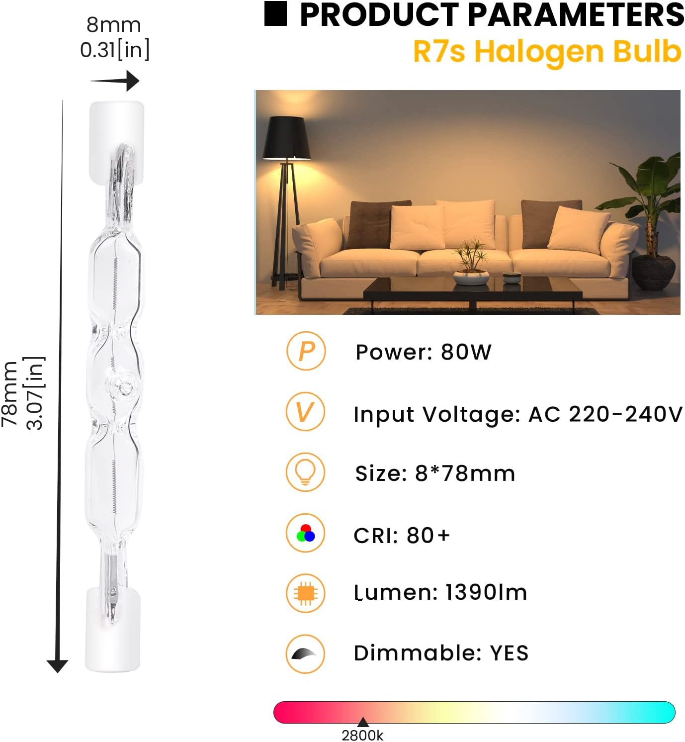 Luxvista R7S 78Mm 80W Halogen Bulb Dimmable, J78 T3 Linear Halogen Pencil Lamp 1390Lm Spotlight for Floor Lamps, Landscape Lights, Security, Streetlight (5-Pack, Warm White 2800K) image number 1