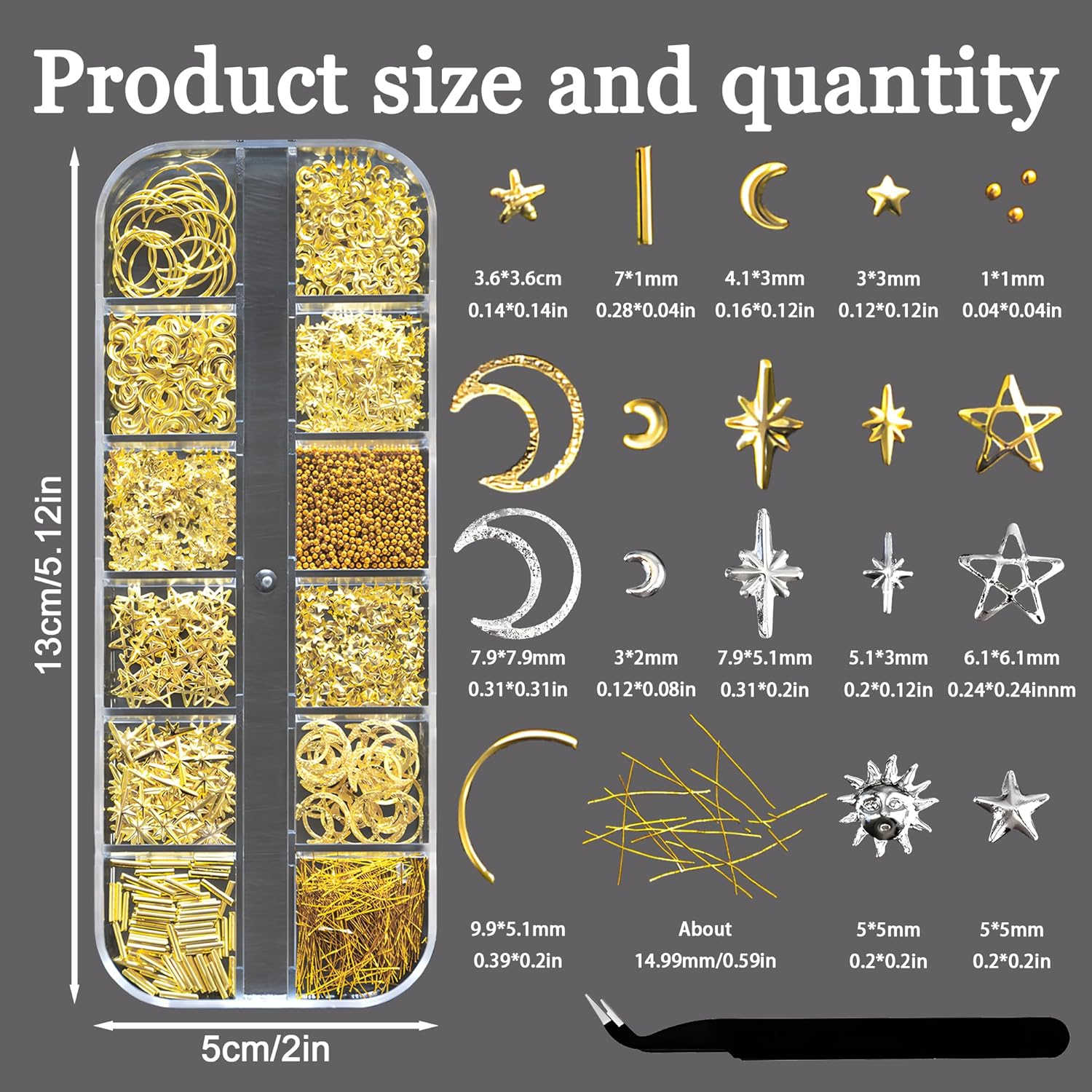 3 Pcs Gold & Silver Nail Art Charms & Rhinestones with Tweezers | Star Moon Sun Heart Nail Gems Decor for DIY Manicures, Crafting | Easy to Use for Women Girls image number 3