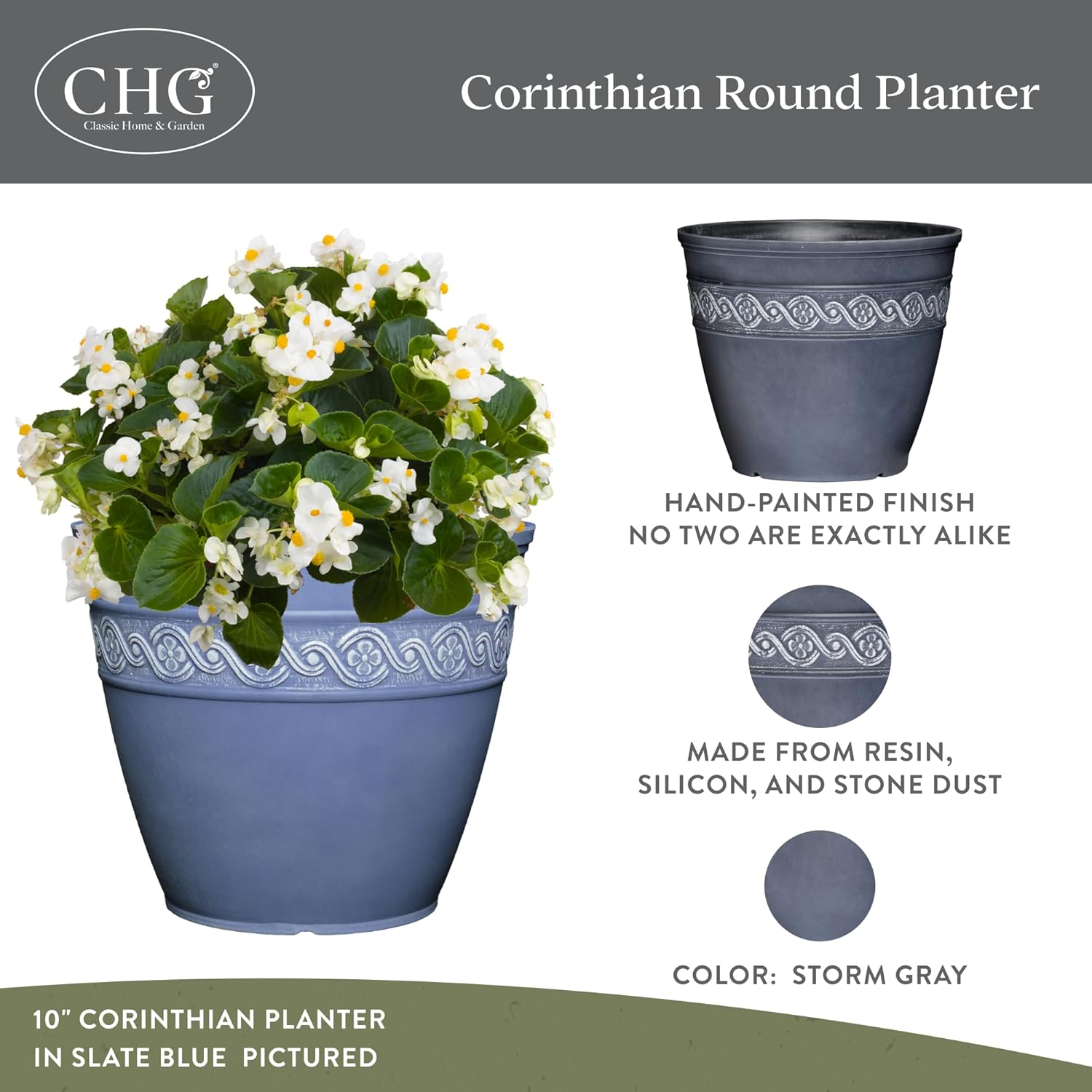 Classic Home and Garden Corinthian Resin Flower Pot Planter, Storm Blue, 13" image number 3