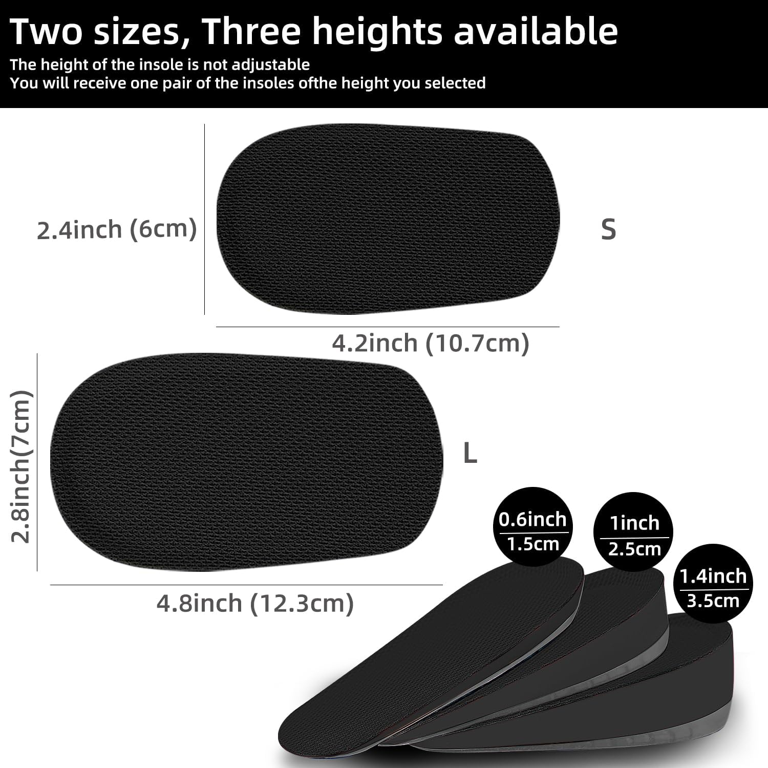 Height Increase Insoles, Heel Lift Pad, Gel Height Increase Insoles, Shock Absorption Heel Cushion Pads, Height Lift Shoes Inserts for Men & Women (Small (5-9), 0.6 Inch (2 Pairs) Black) image number 4