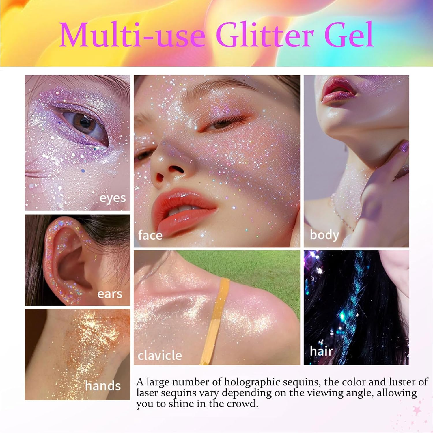 Face Glitter Body Glitter Makeup Glitter Hair Glitter Gel, 4 Colors Face and Body Glitter Gel, Long Lastings Makeup Glitter Gel for Women, Glitter for Concert Festival Makeup image number 1