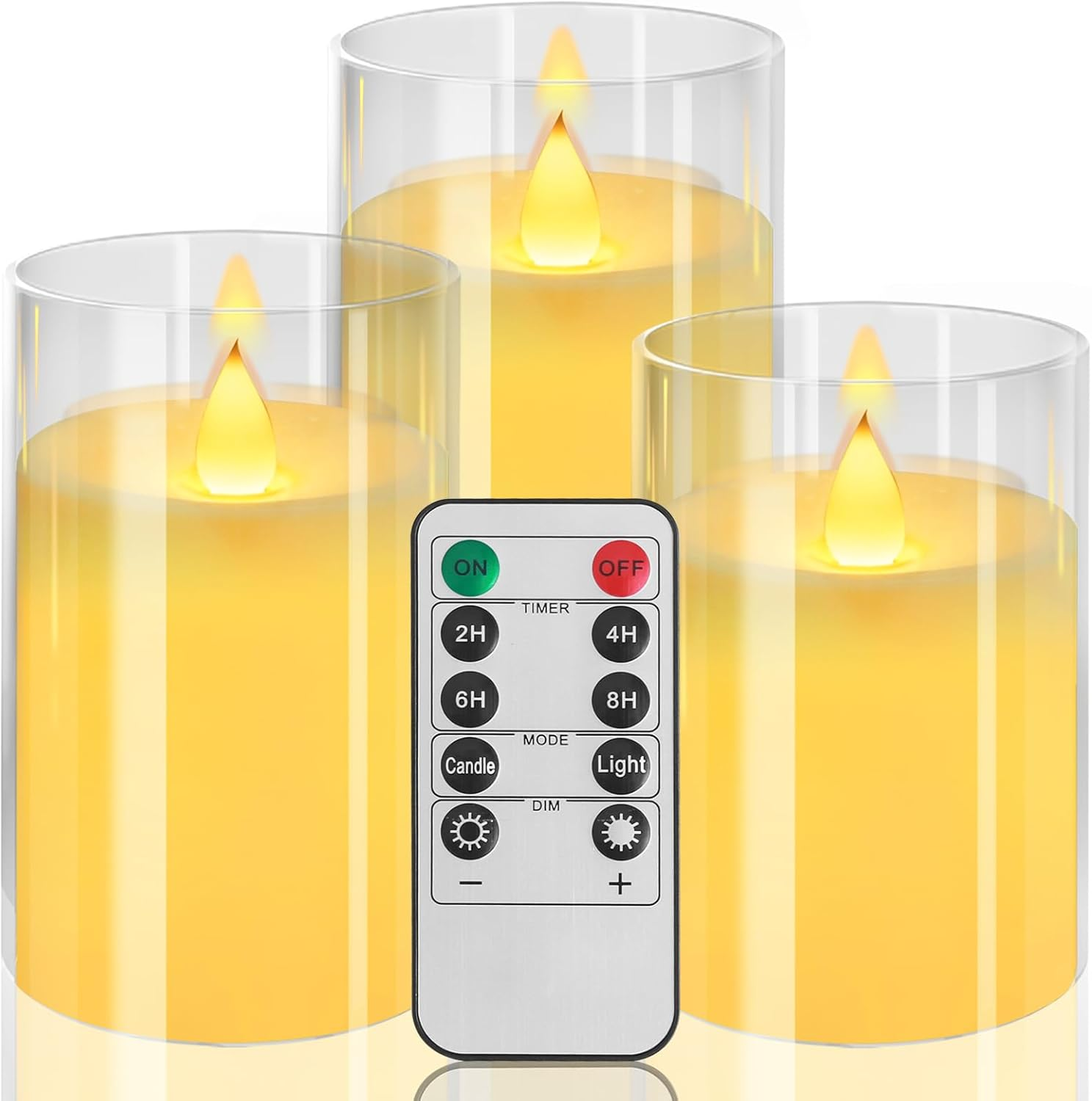 Neween Flickering Flameless Candles Set of 3, 3D Moving Wick Acrylic Battery Operated LED Pillar Candles with Remote and Timer for Christmas Halloween Valentine Party Decor (Clear, D3 H4 5" 6") image number 5