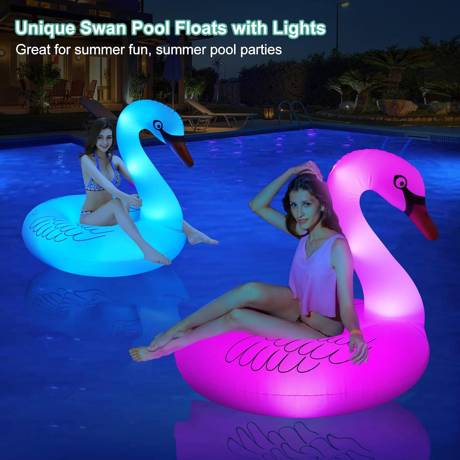 Inflatable Swan Pool Float with Colorful Lights, Flyfreeu Solar Powered LED Color Changing Swan Swim Tube Rings, 42'' Large Pool Beach Floaties Lake and Beach Floaty Summer Pool Raft Lounge for Adults image number 4