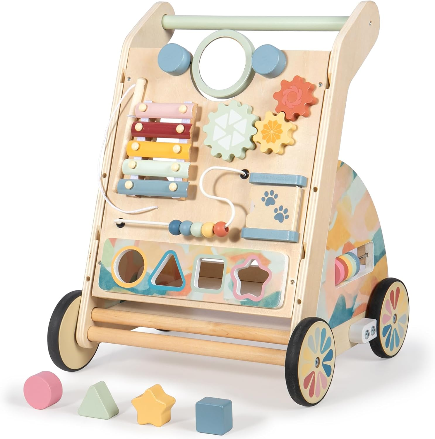 Lol-Fun Wooden Baby Walker with Detachable Busy Board Adjustable Speed Wheels for Boys Girls 6-12 Months image number 5