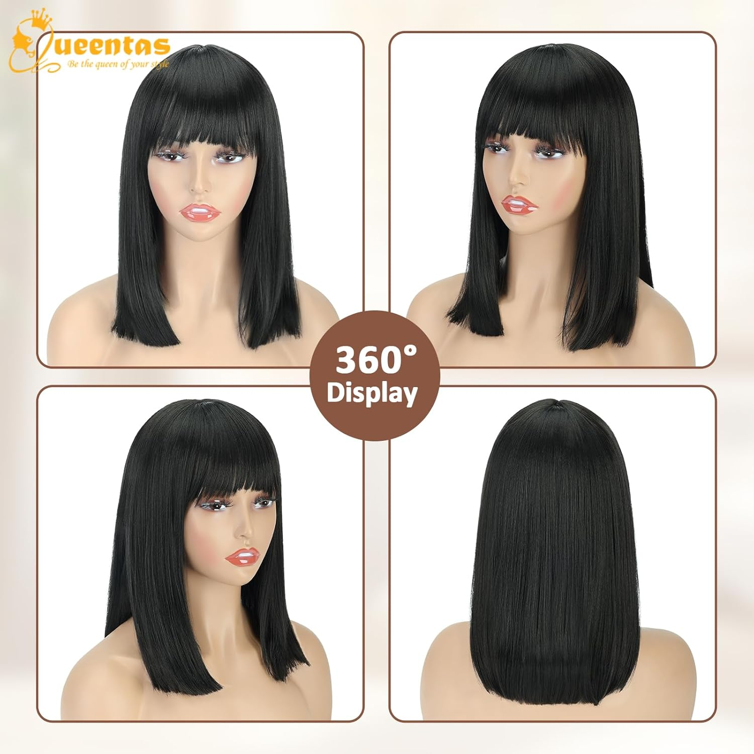 QUEENTAS Short Black Bob Hair Wigs for Women Light Black Wig Full Head with Bangs Synthetic Hair Straight Black Bob Wig for Daily Party Cosplay
