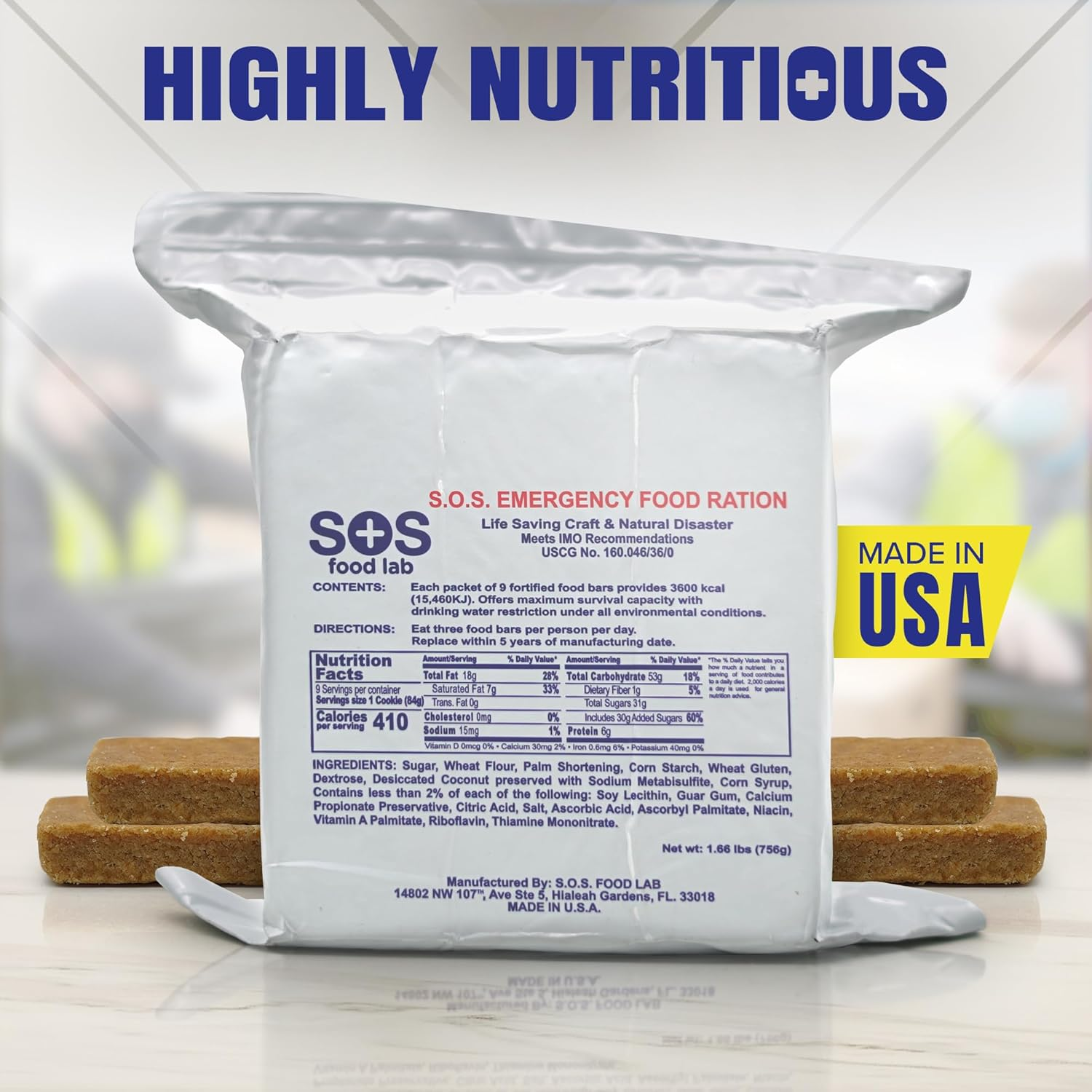SOS Food Labs, Inc. 185000825 S.O.S. Rations Emergency 3600 Calorie Food Bar - 3 Day/ 72 Hour Package with 5 Year Shelf Life, 5" Height, 2" Wide, 4.5" Length image number 4